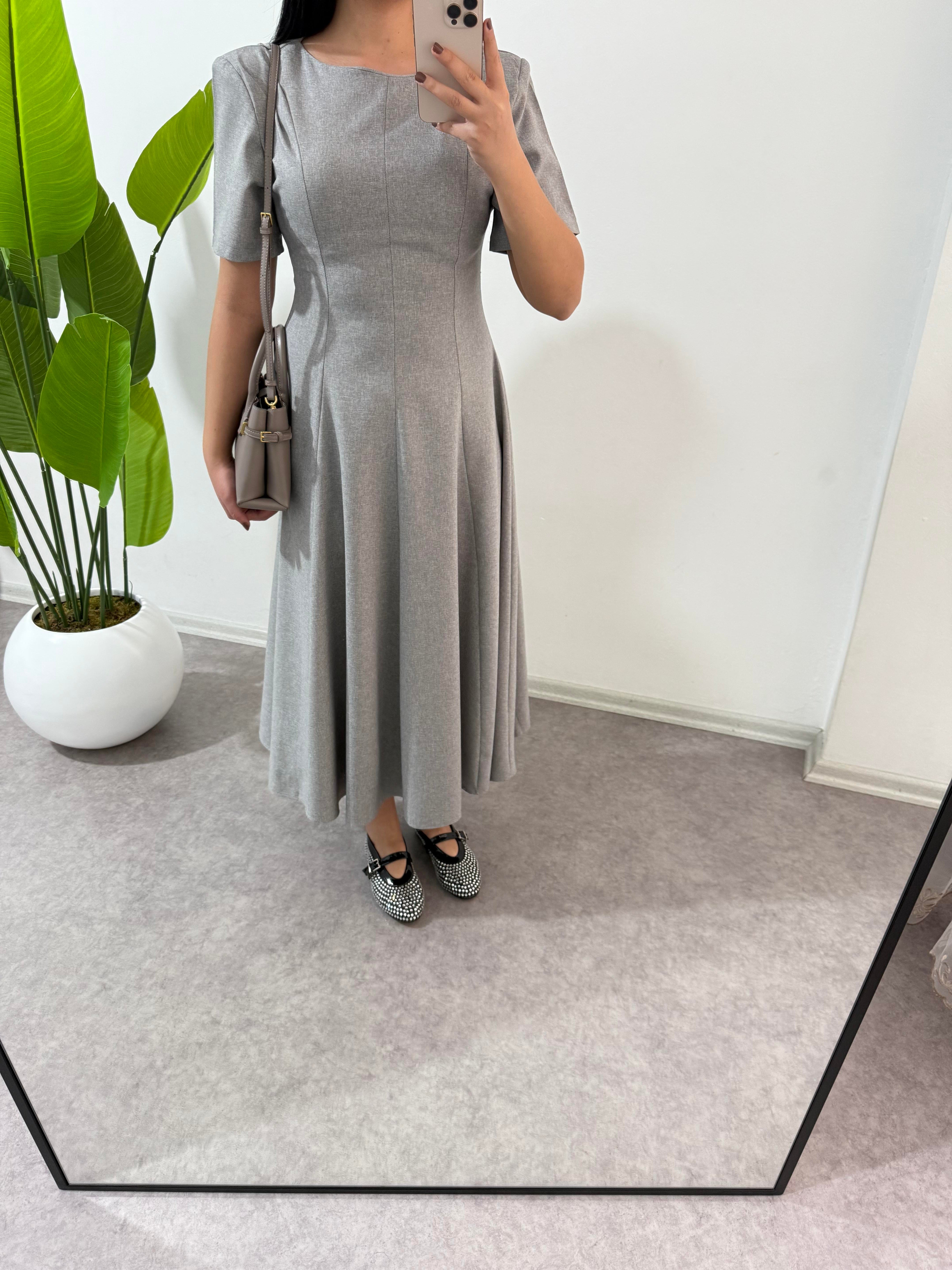 Gri Setre Midi Boy Elbise