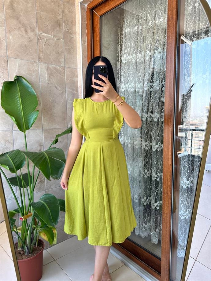 Ham keten yeşil elbise