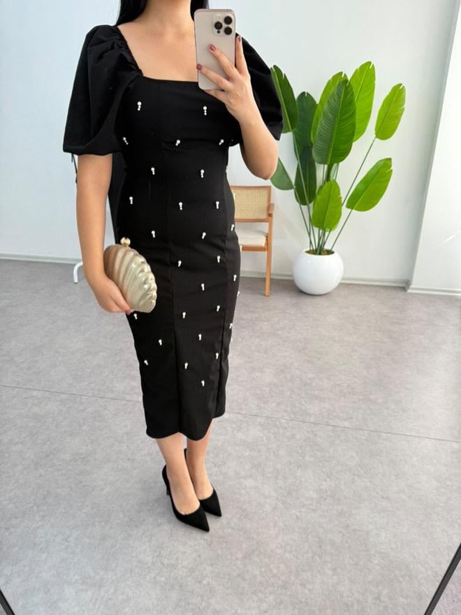 İnci Siyah Krep Kumaş Elbise