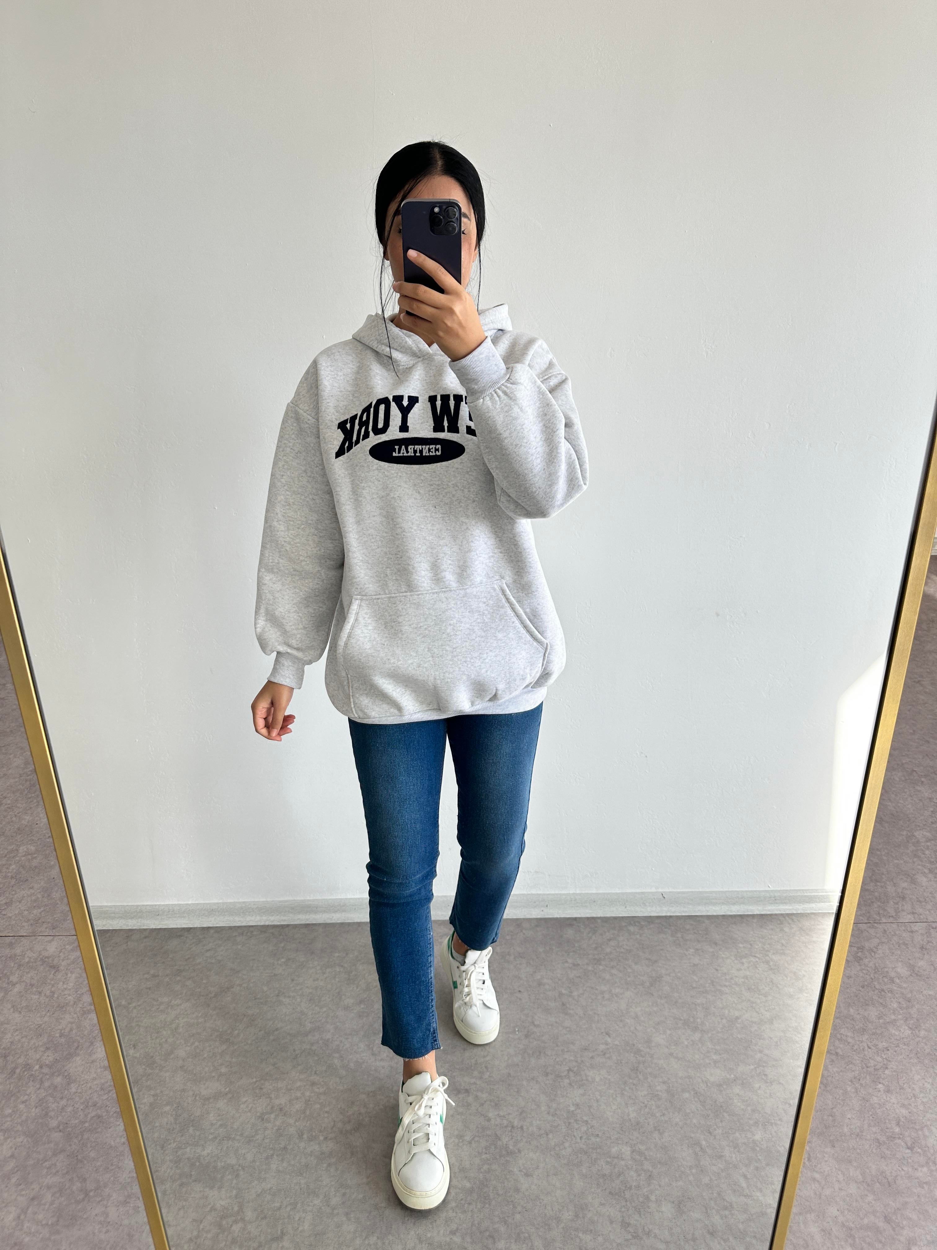 Kapüşonlu gri şardonlu sweatshırt