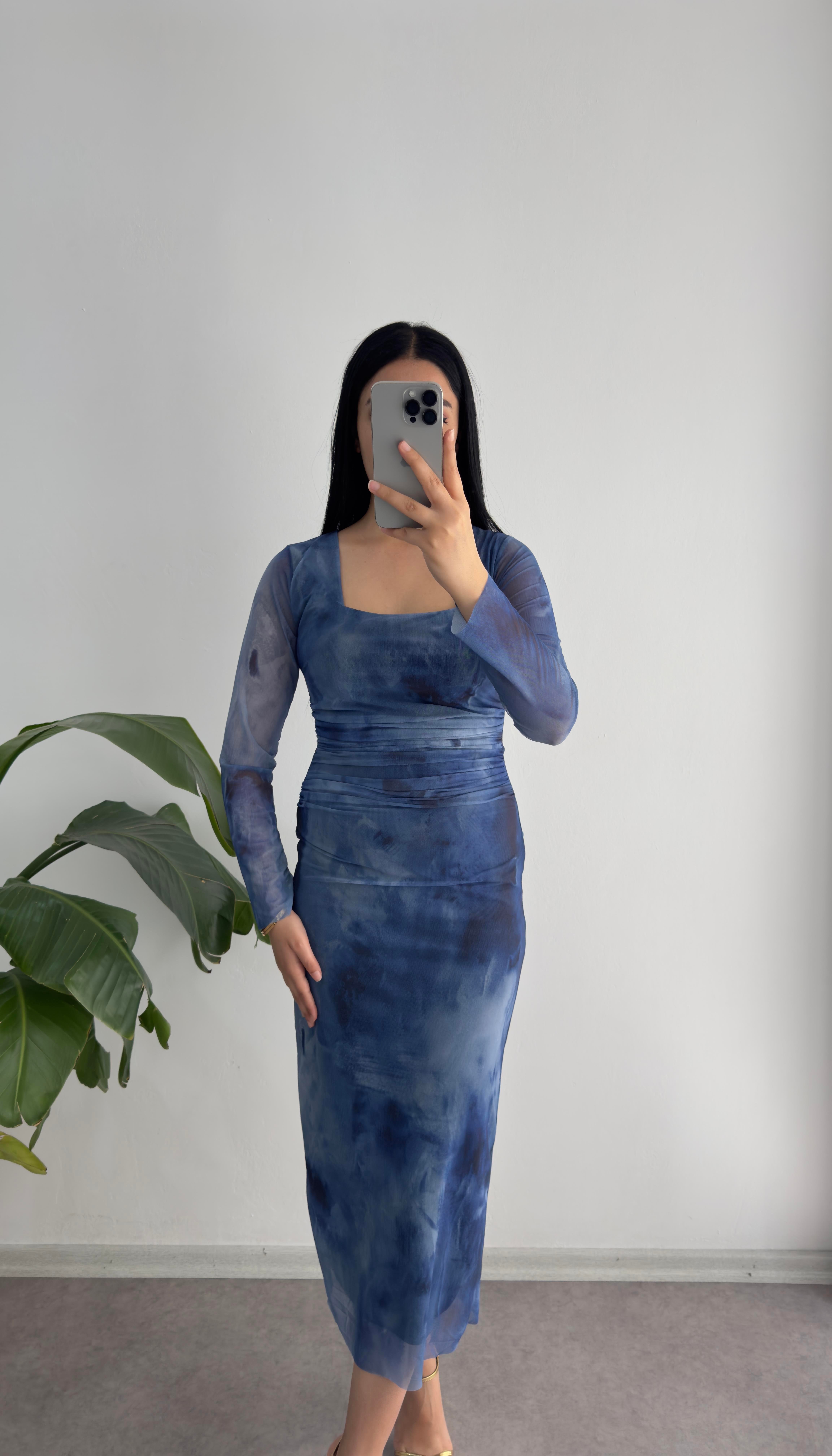 Kare Yaka Mavi Elbise 