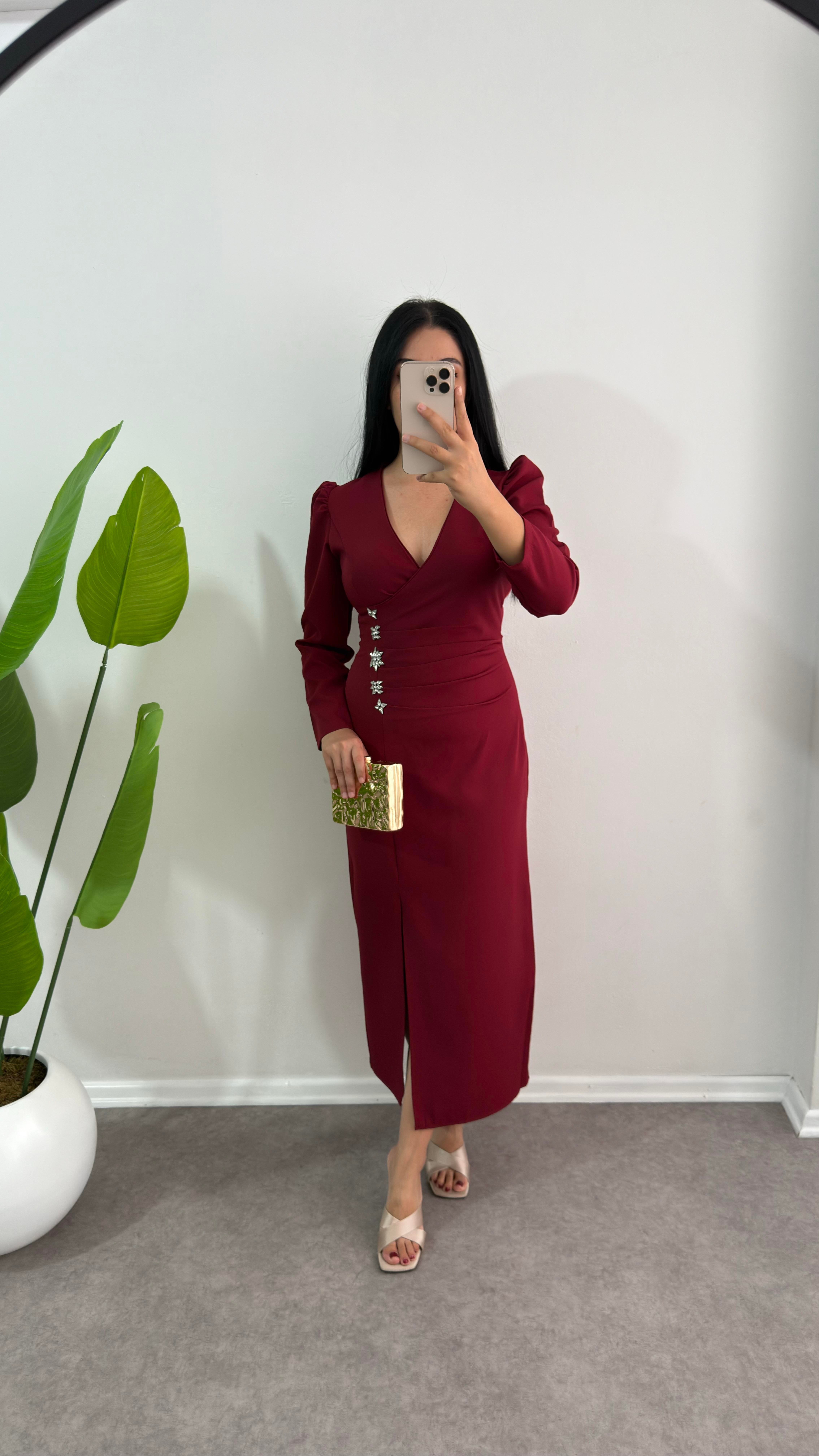 Karil Bordo Taşlı Elbise