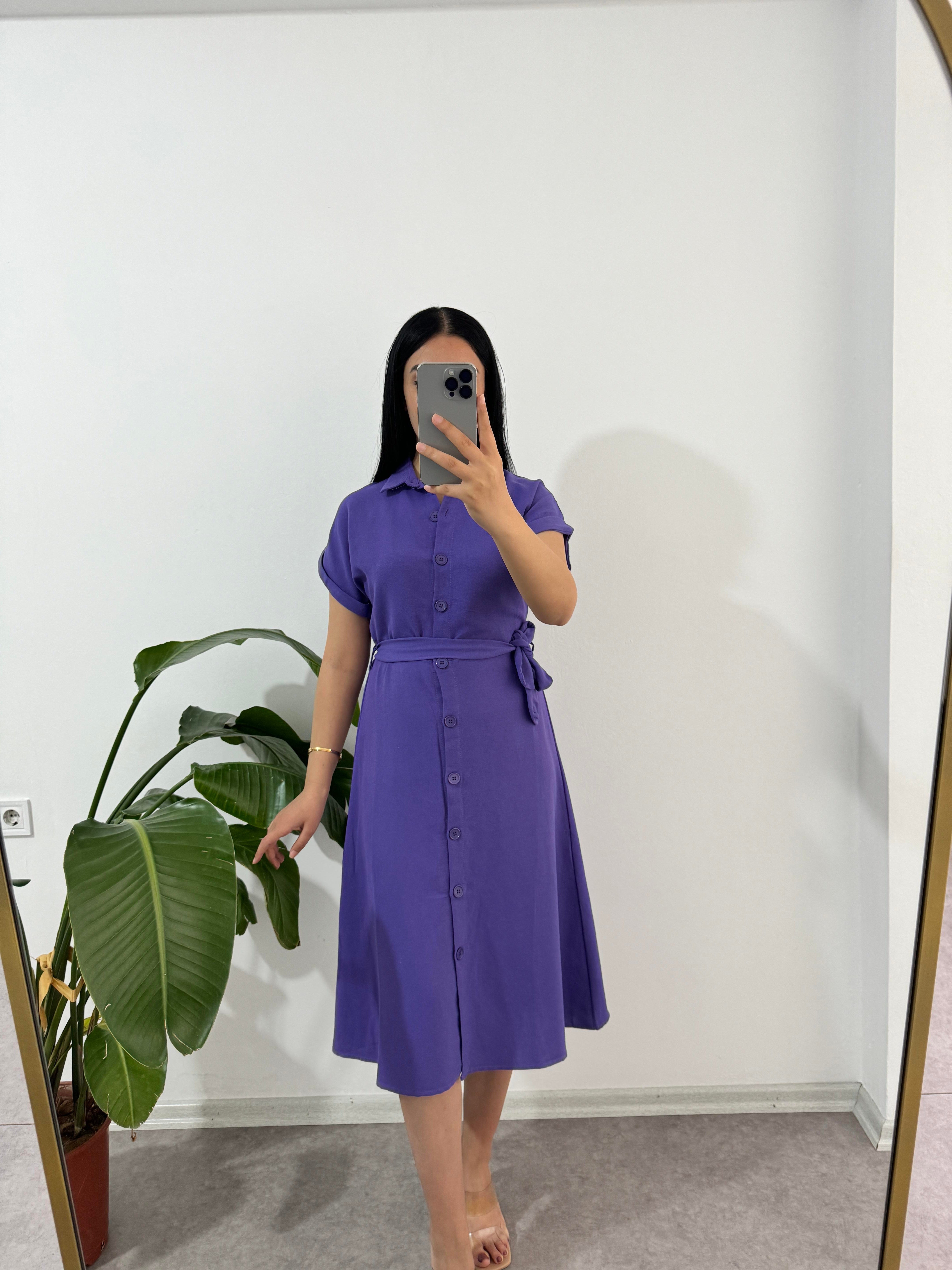 Keten Düğmeli Mor Elbise