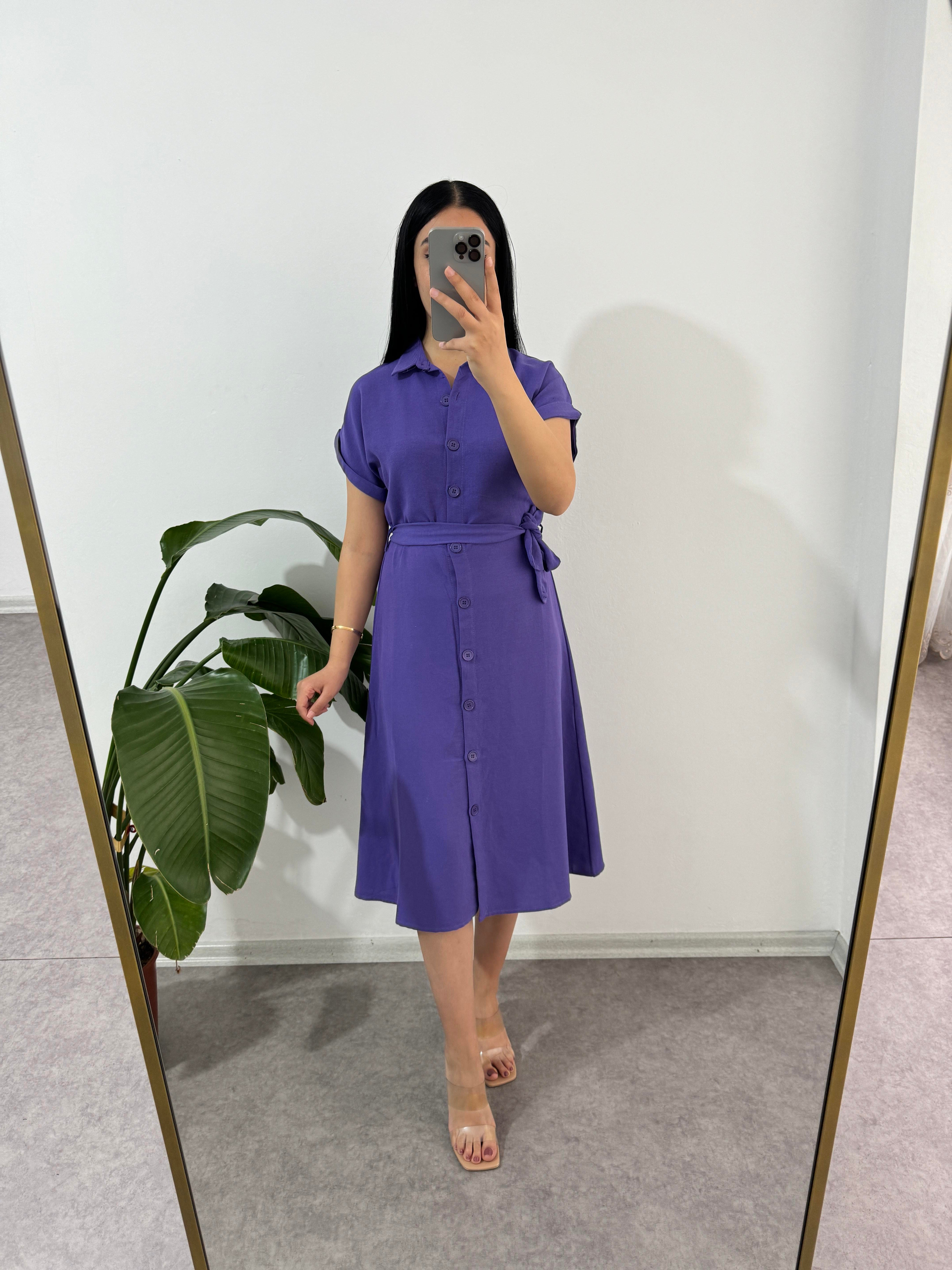 Keten Düğmeli Mor Elbise