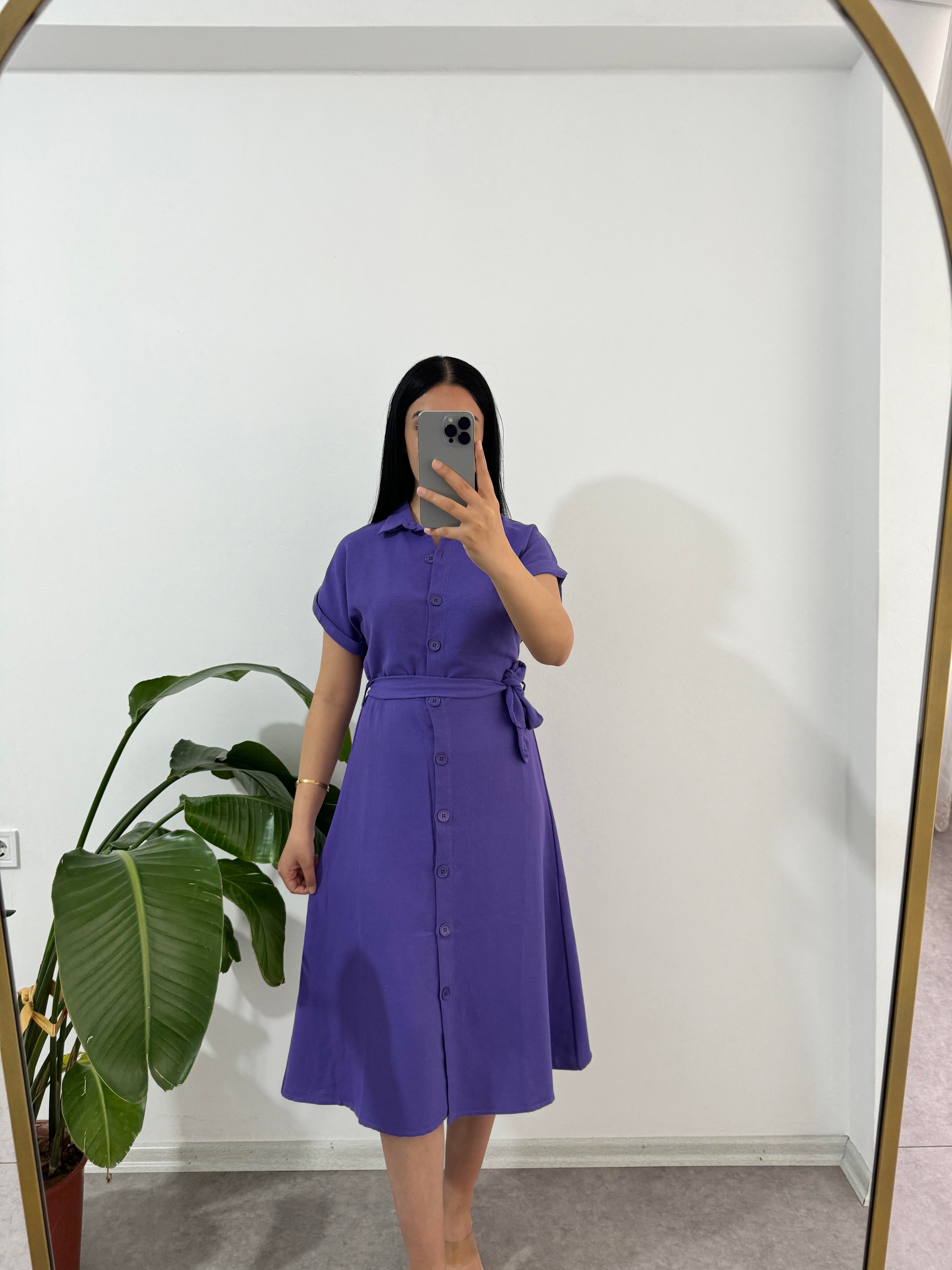 Keten Düğmeli Mor Elbise