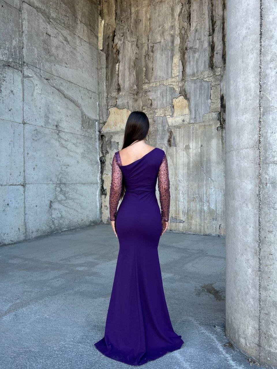 Kollar Payetli Mor Naca Elbise