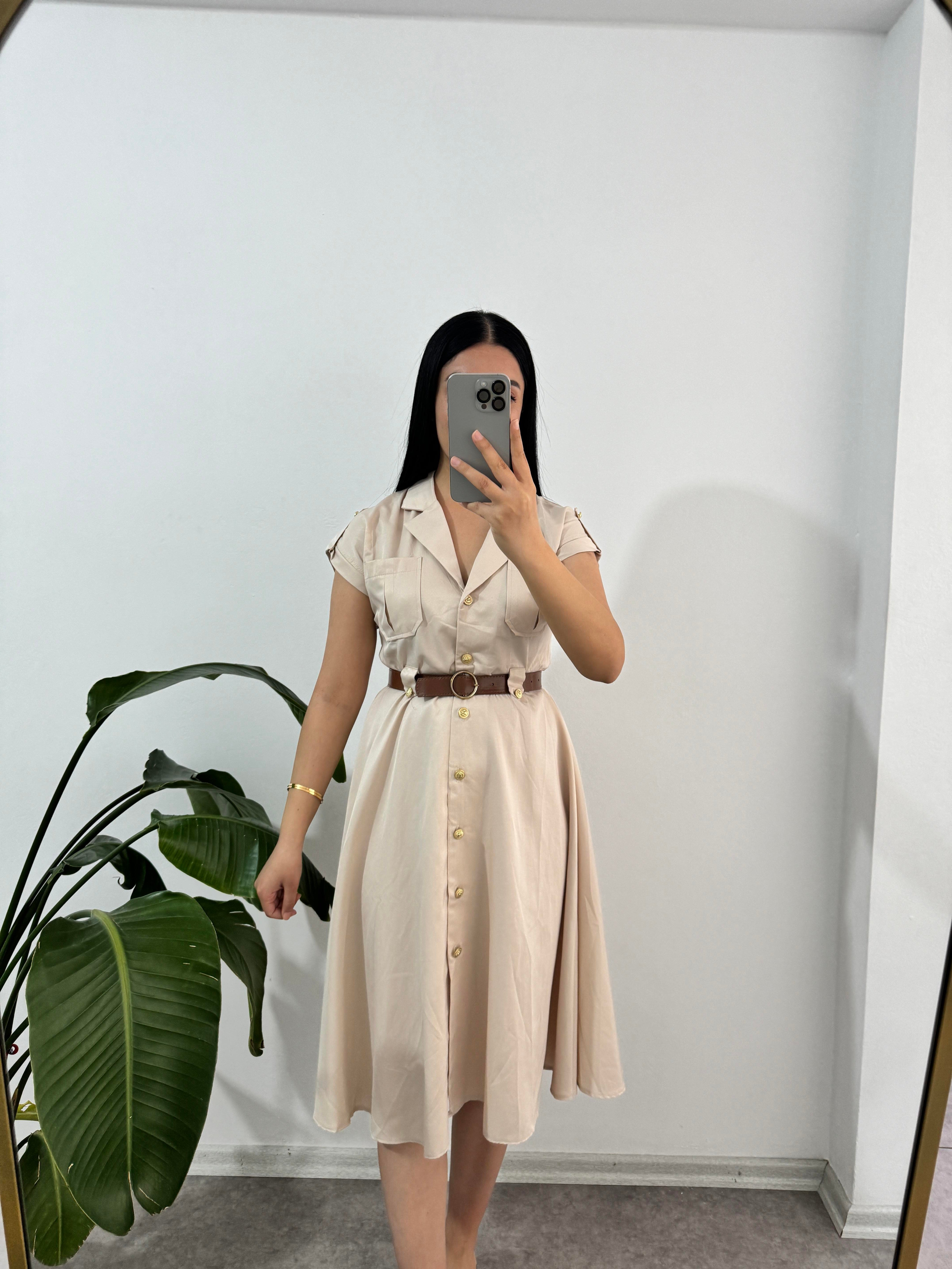 Krem Düğmeli Elbise 