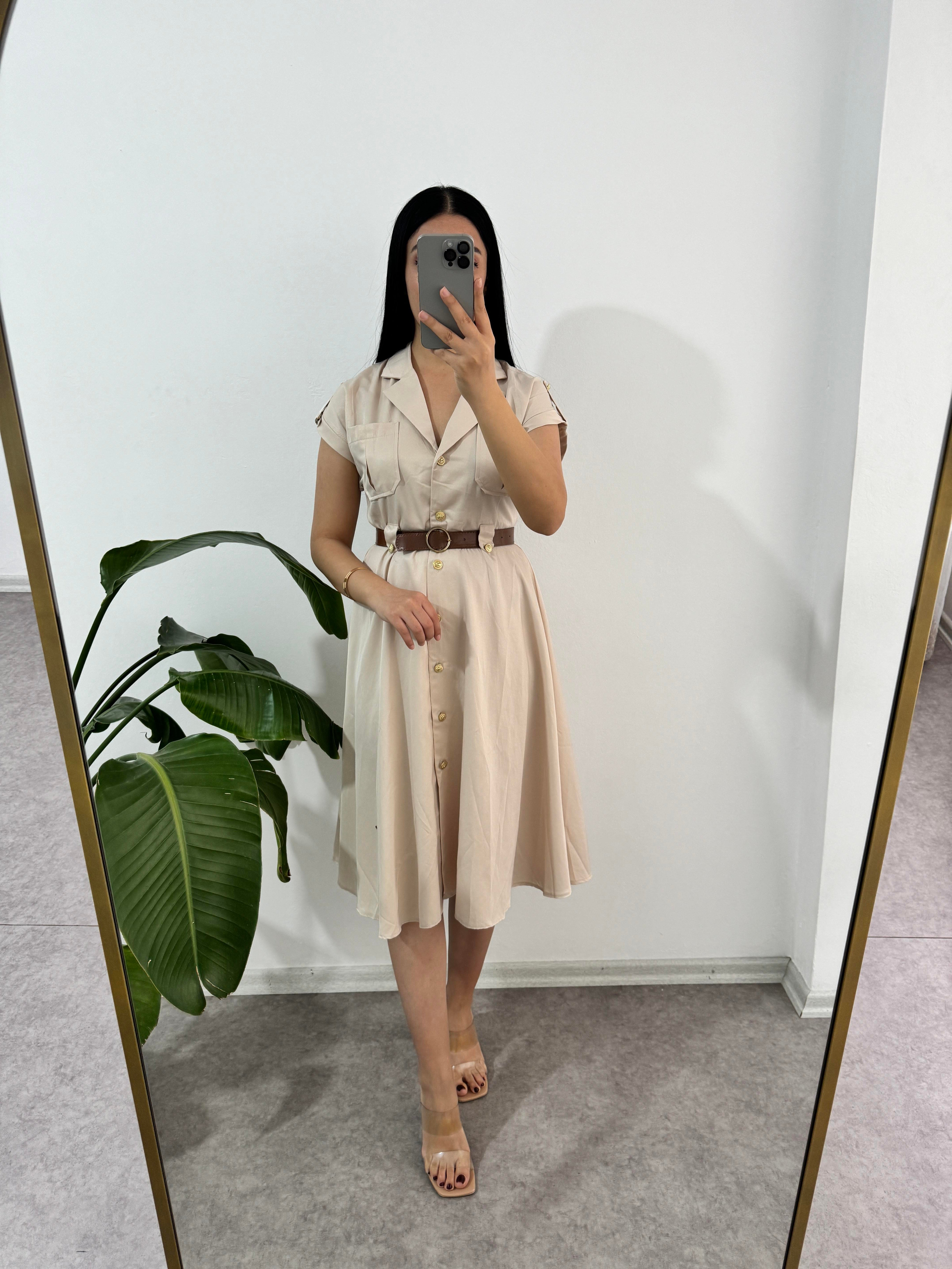 Krem Düğmeli Elbise 