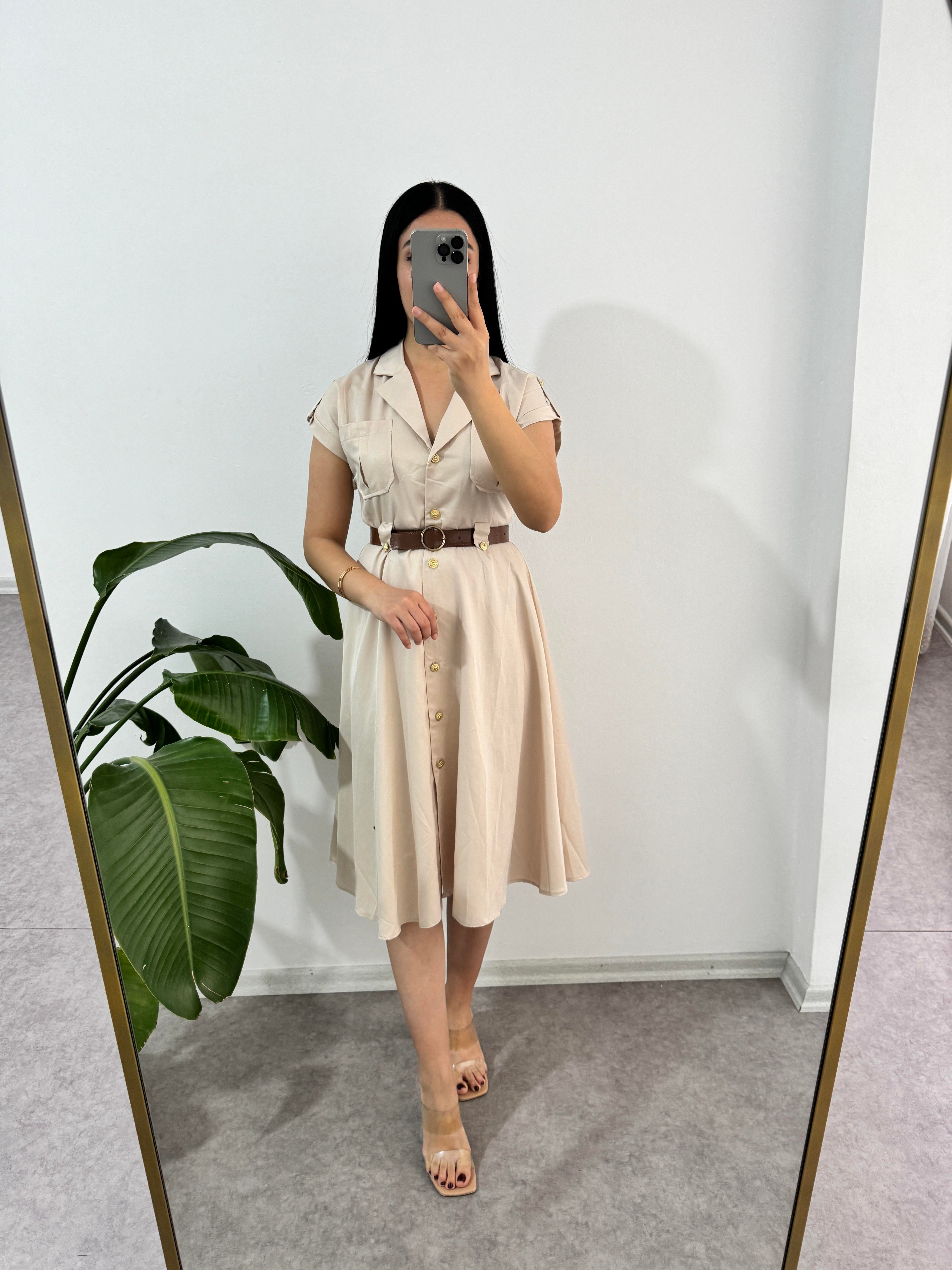 Krem Düğmeli Elbise 