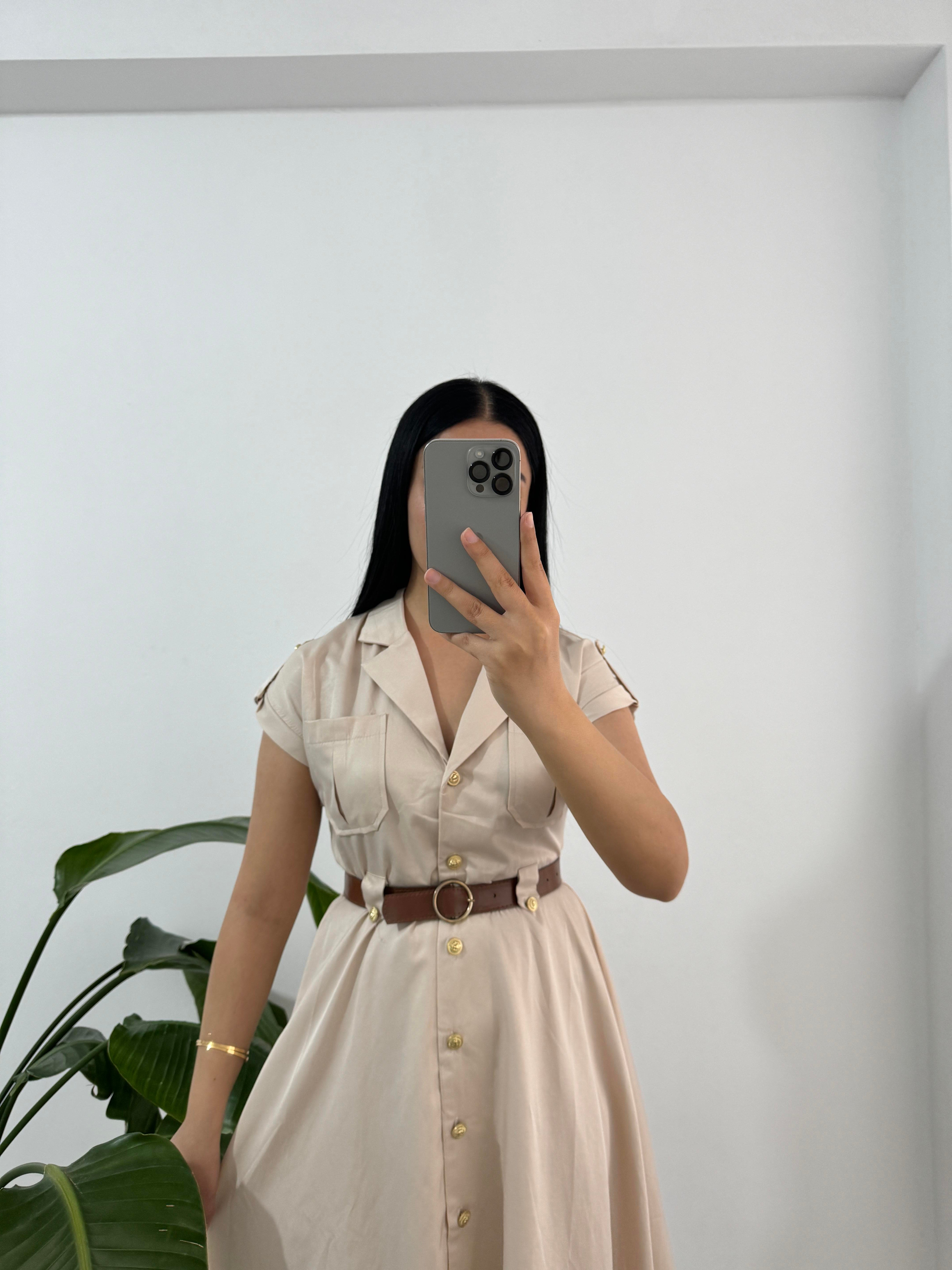 Krem Düğmeli Elbise 