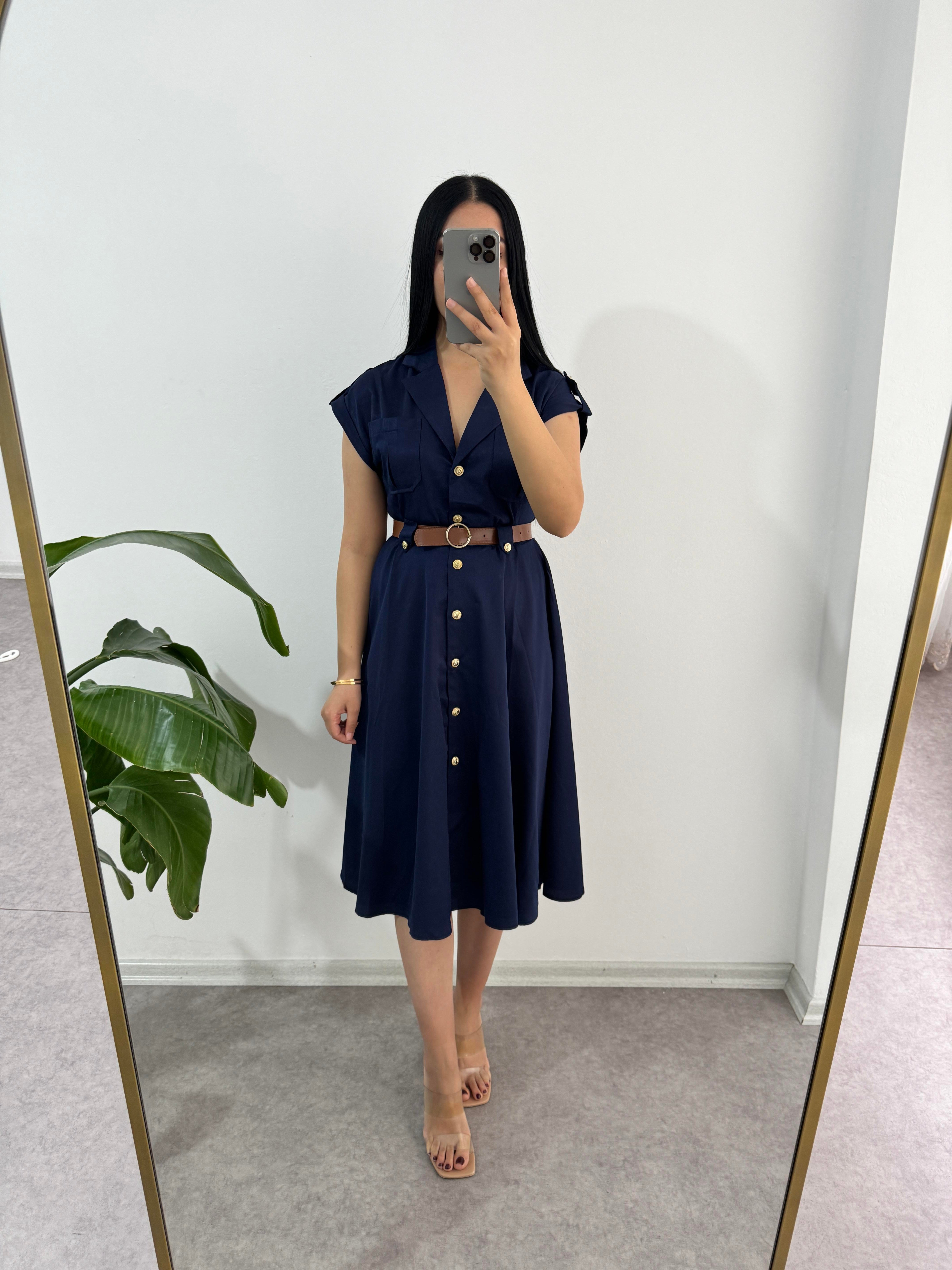 Lacivert Düğmeli Elbise 