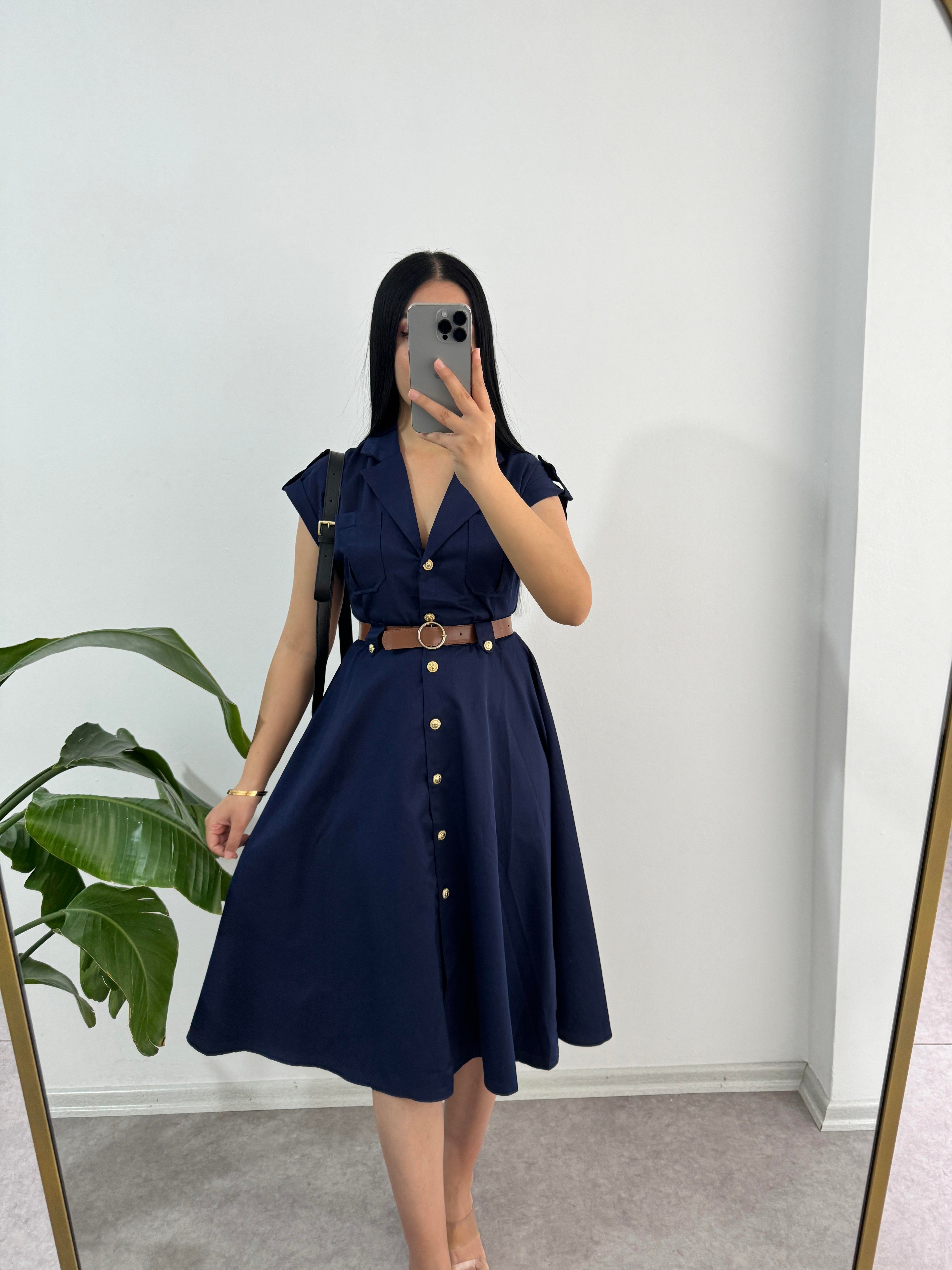 Lacivert Düğmeli Elbise 