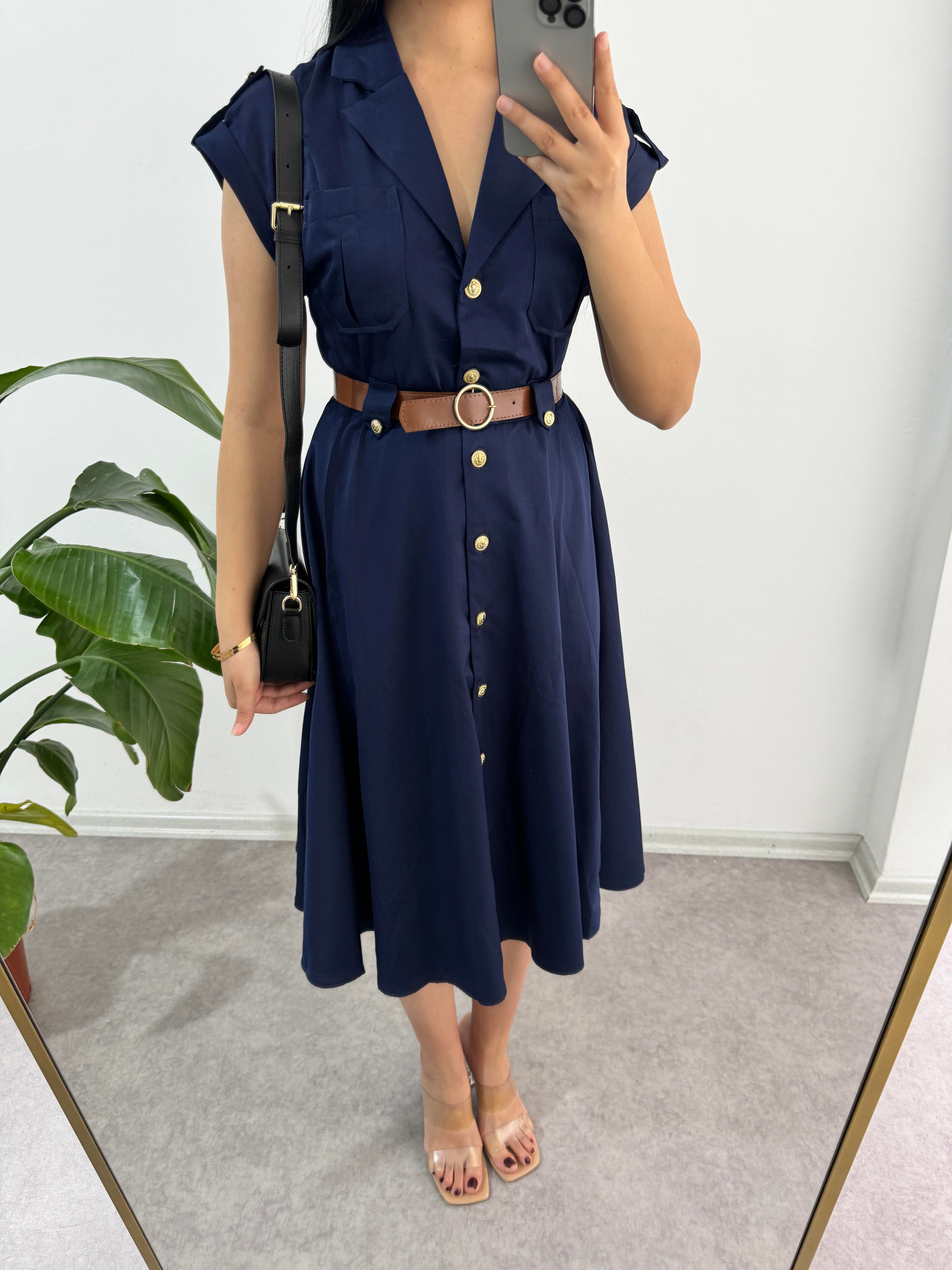 Lacivert Düğmeli Elbise 