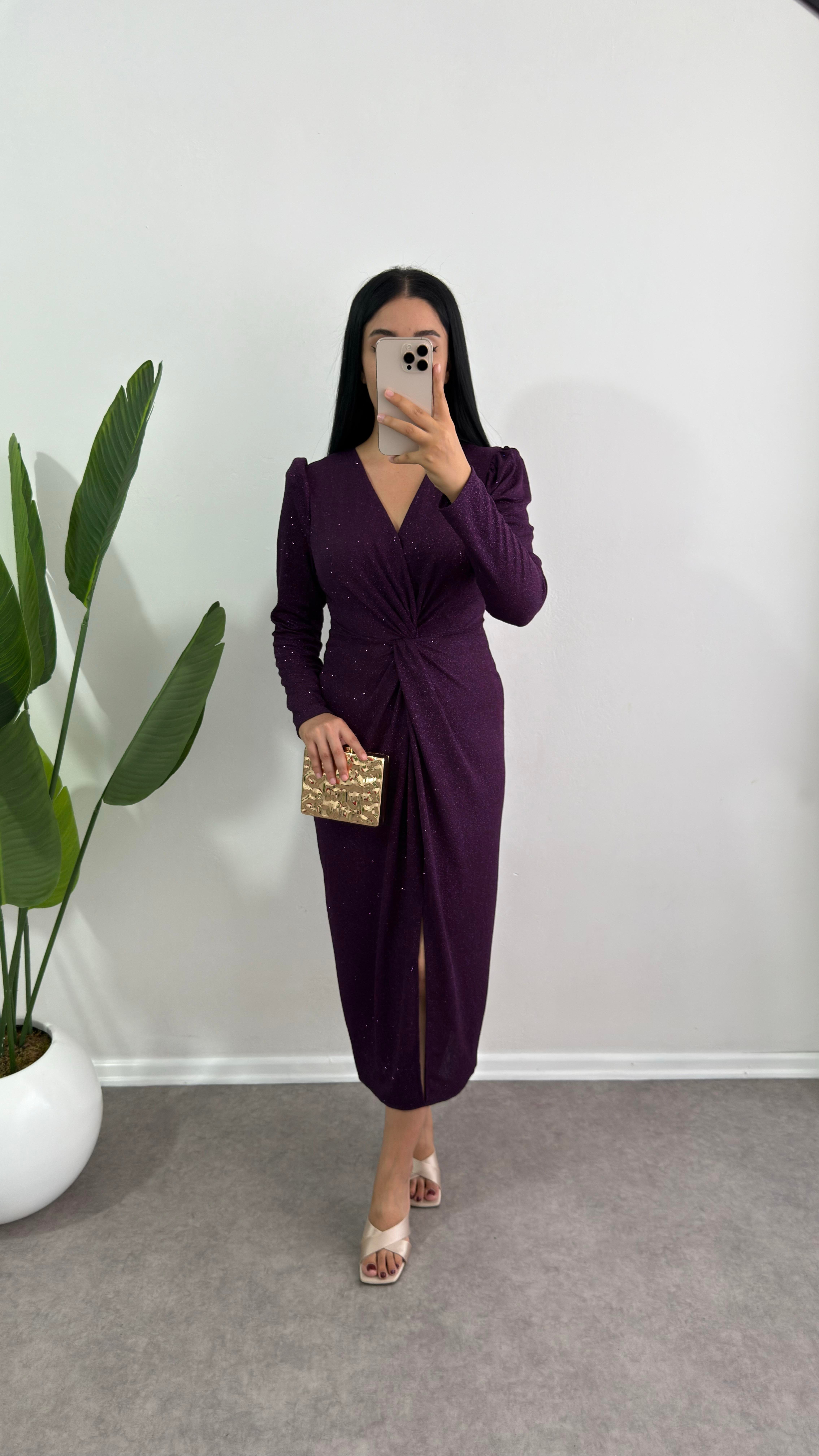 Laren Drapeli Simli Mor Elbise