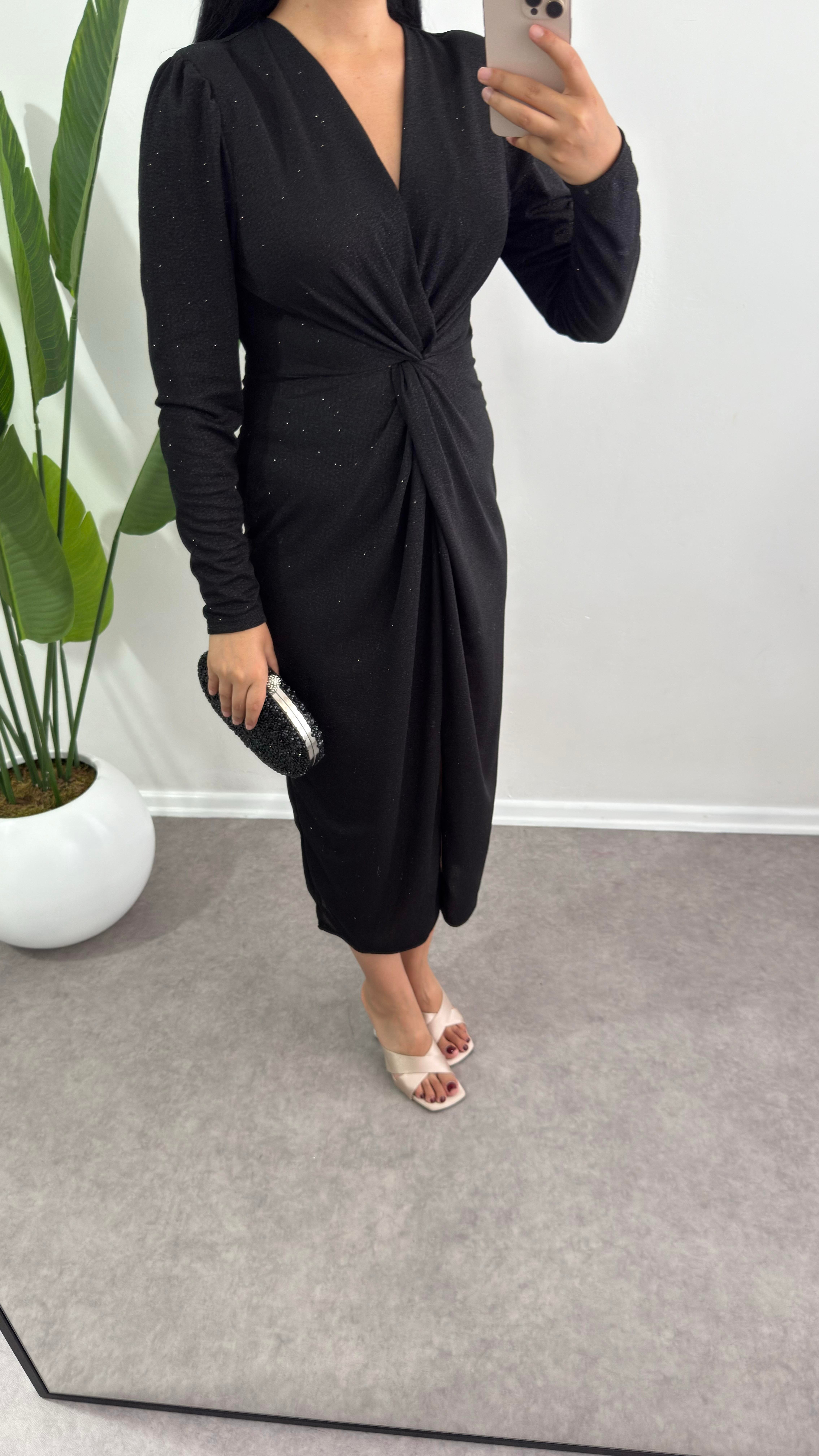 Laren Drapeli Simli Siyah Elbise