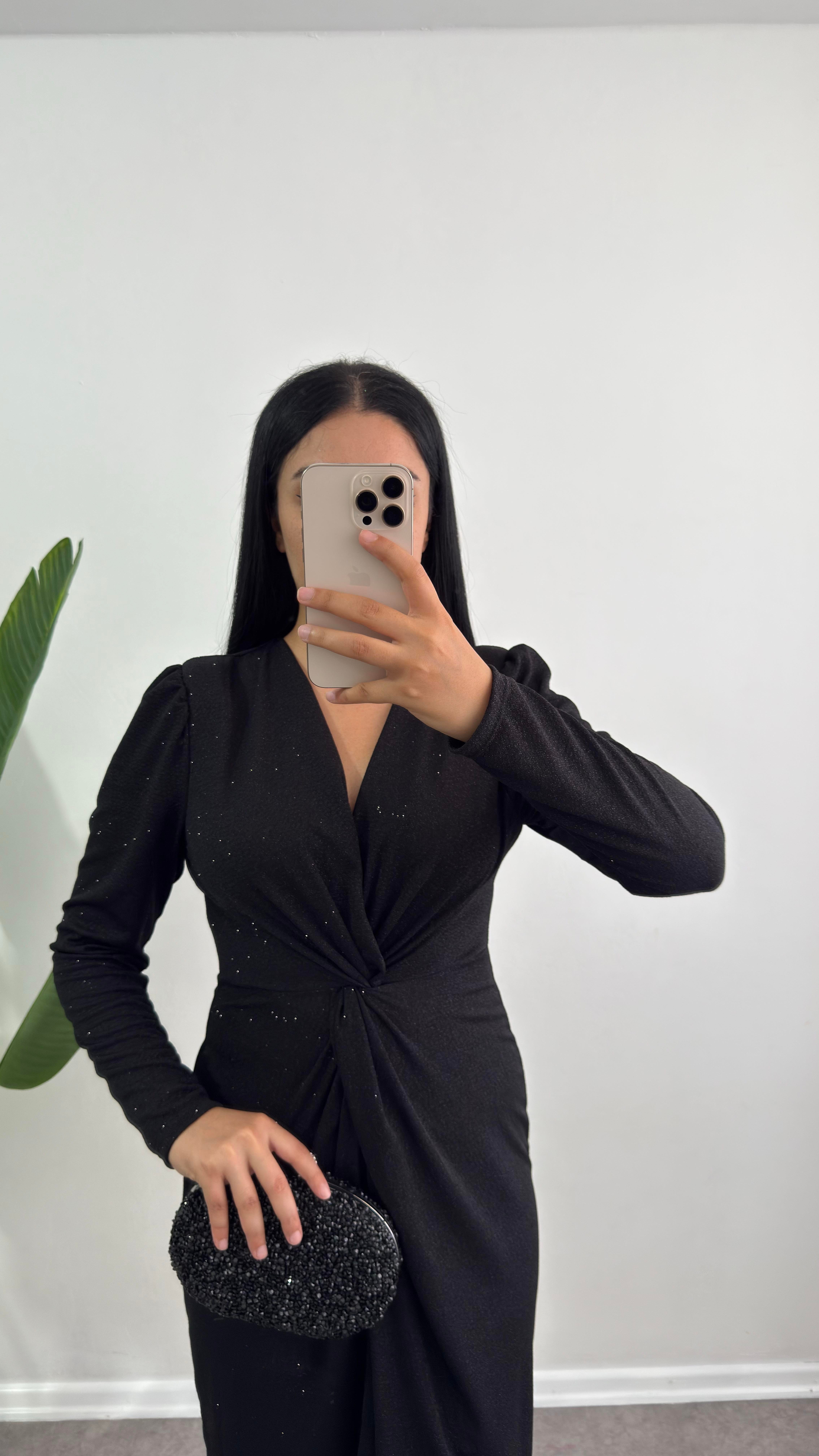 Laren Drapeli Simli Siyah Elbise