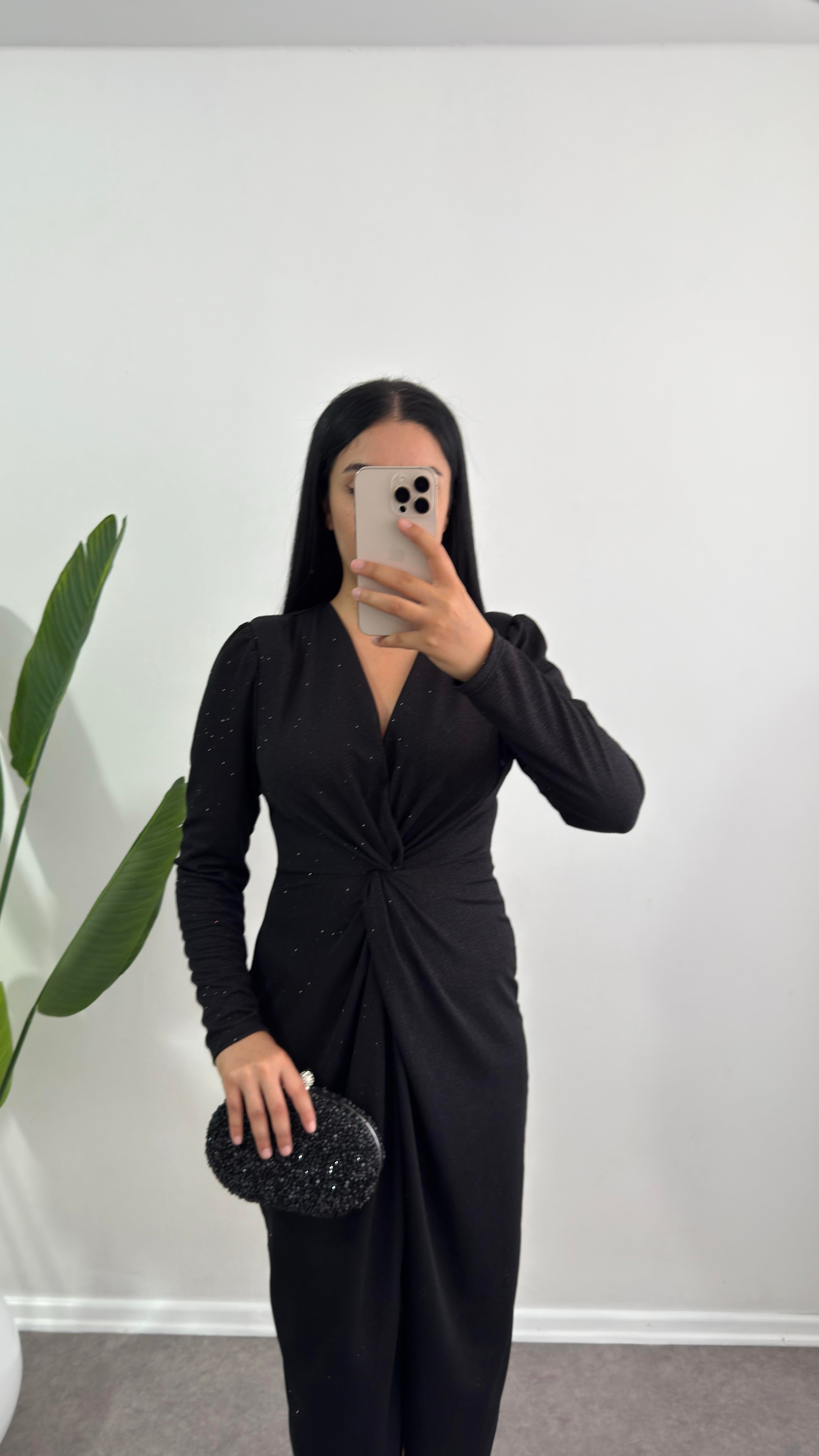 Laren Drapeli Simli Siyah Elbise