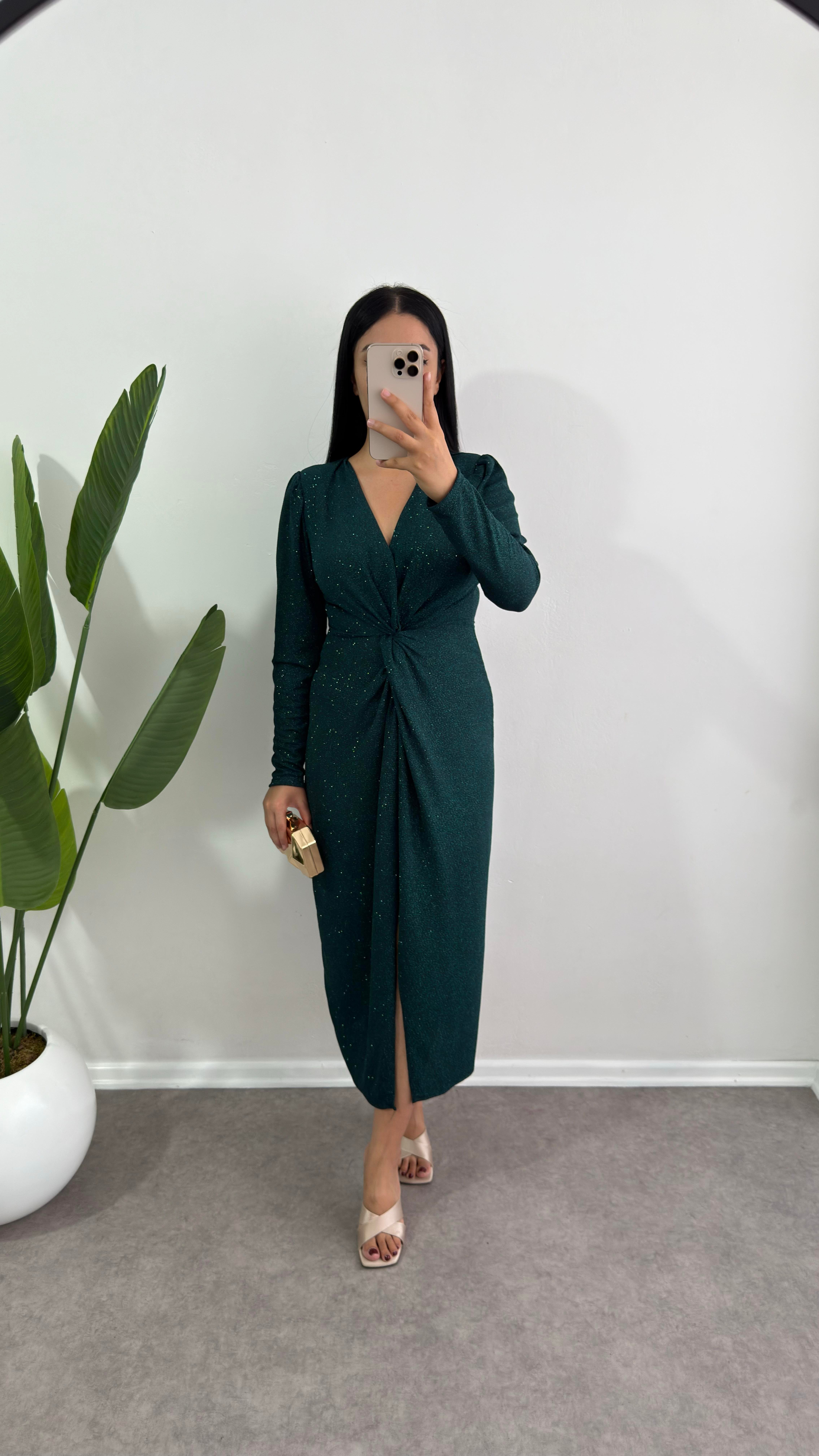 Laren Drapeli Simli Yeşil Elbise