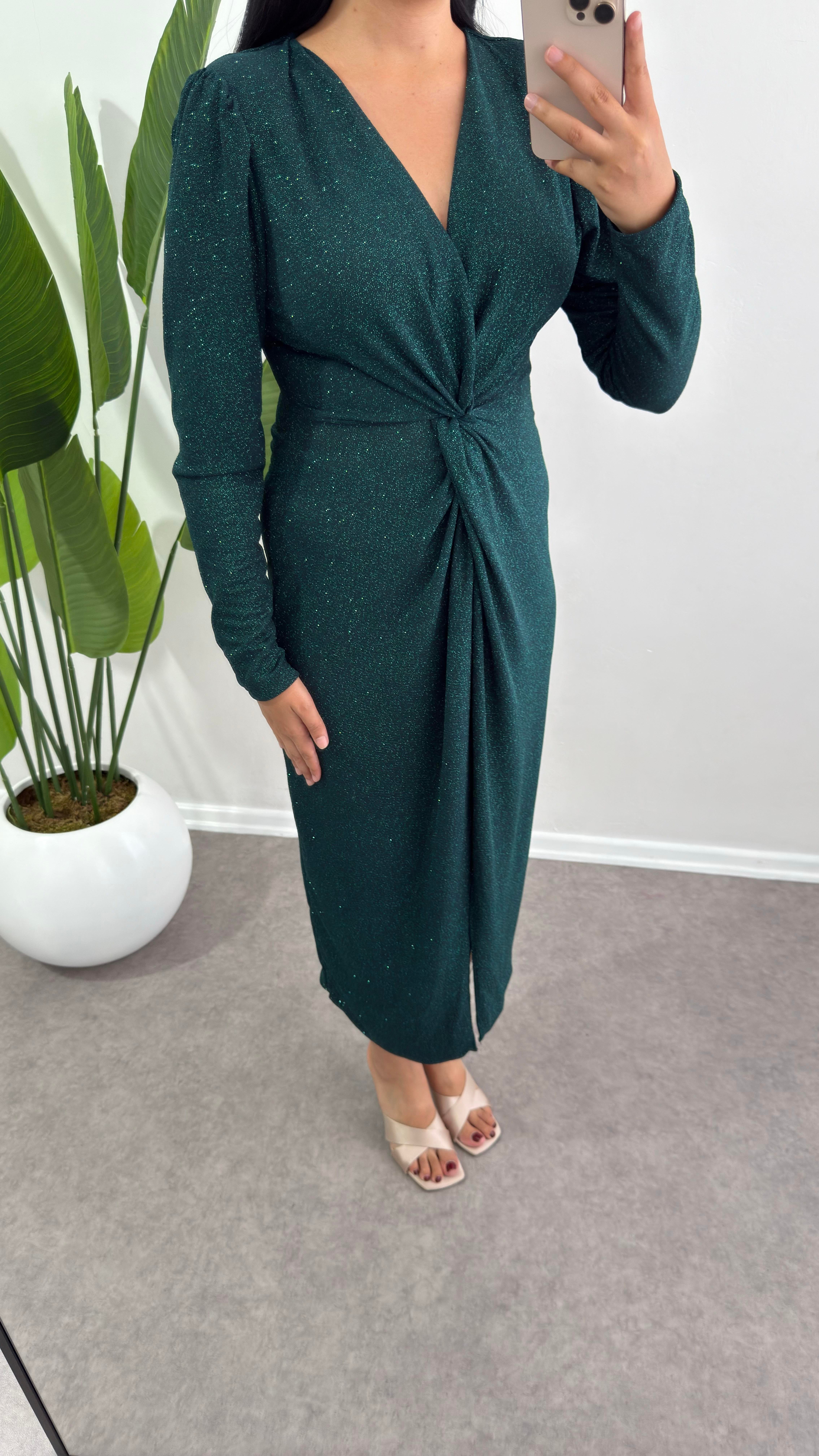 Laren Drapeli Simli Yeşil Elbise