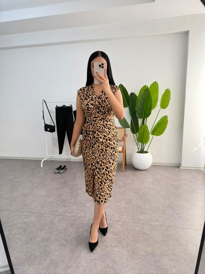 Leopar Krep Kumaş Elbise