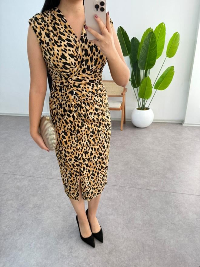 Leopar Krep Kumaş Elbise