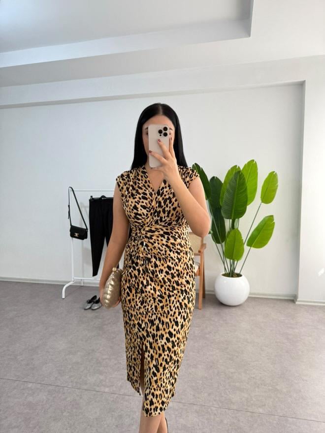 Leopar Krep Kumaş Elbise