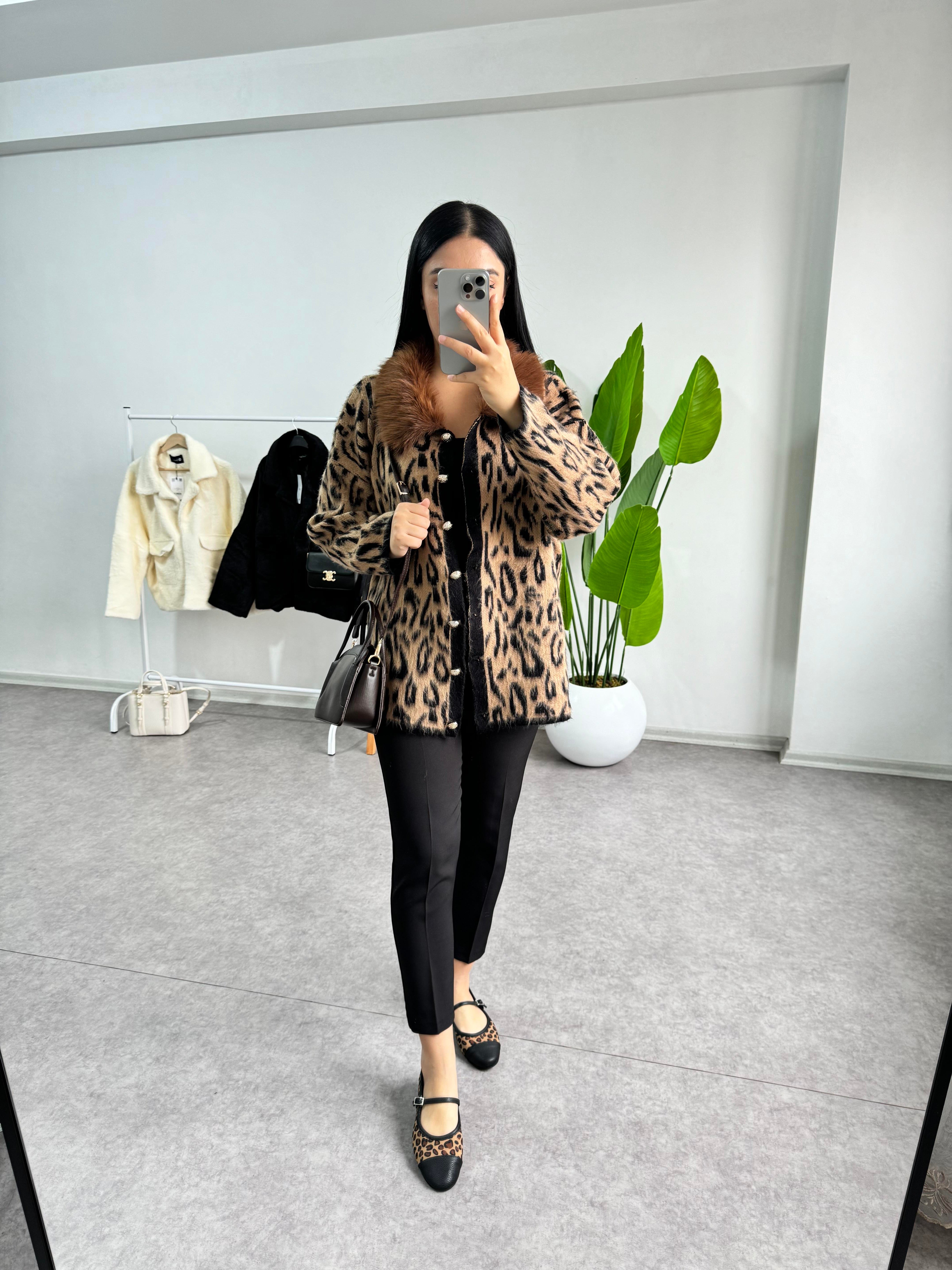 Leopar Kürk Camel Triko Hırka