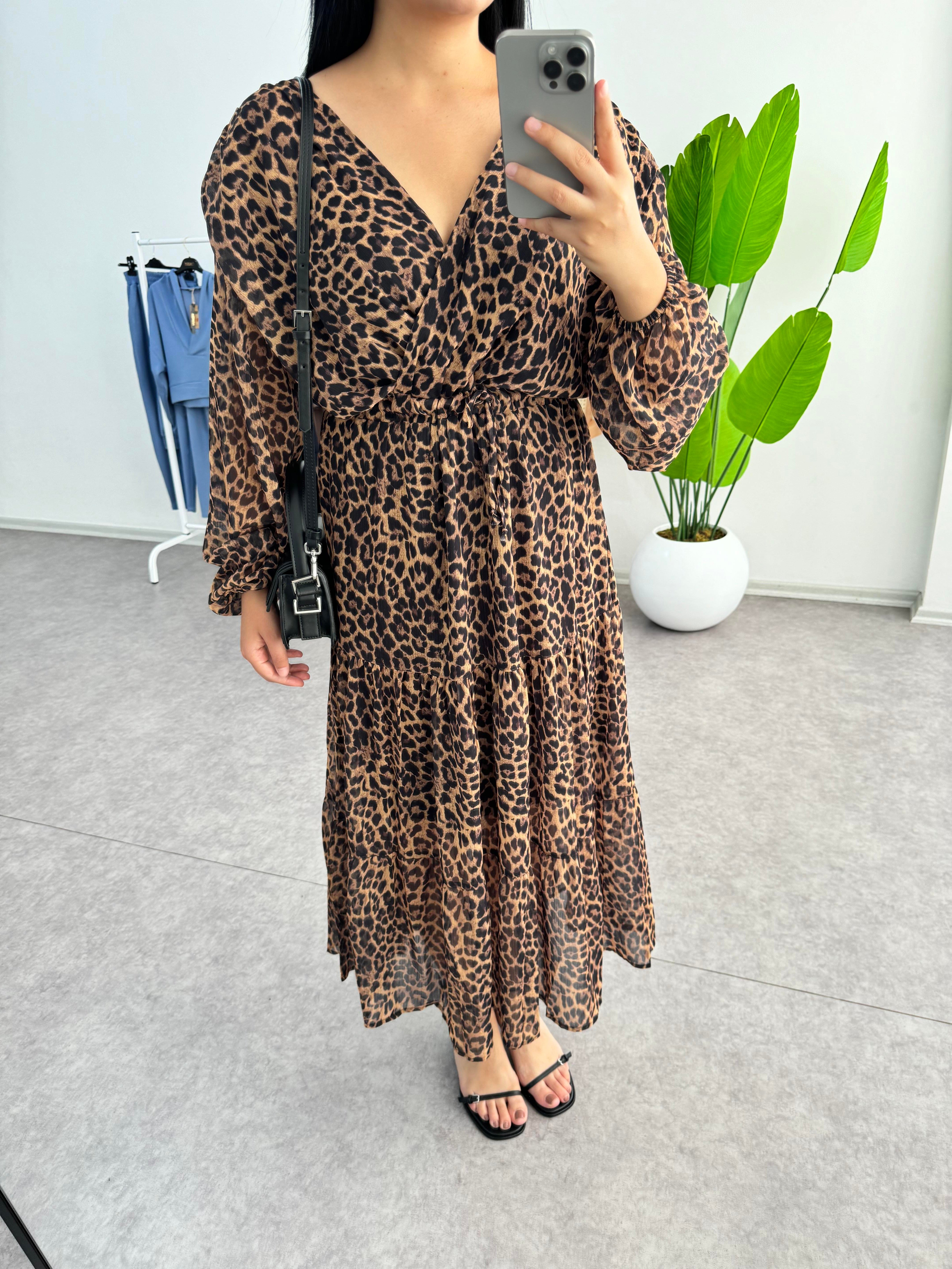 Leopar Premium Şifon Elbise 