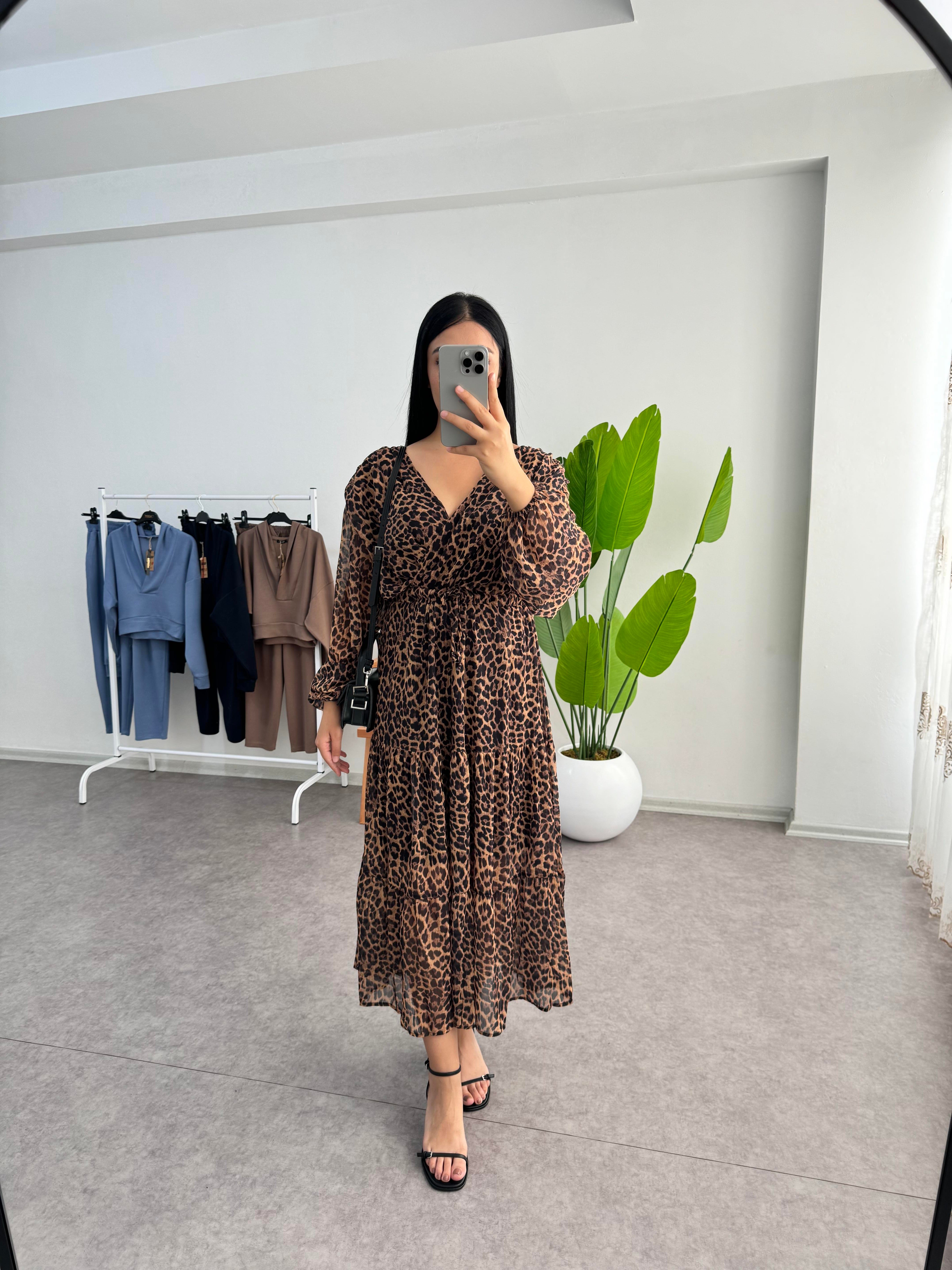 Leopar Premium Şifon Elbise 