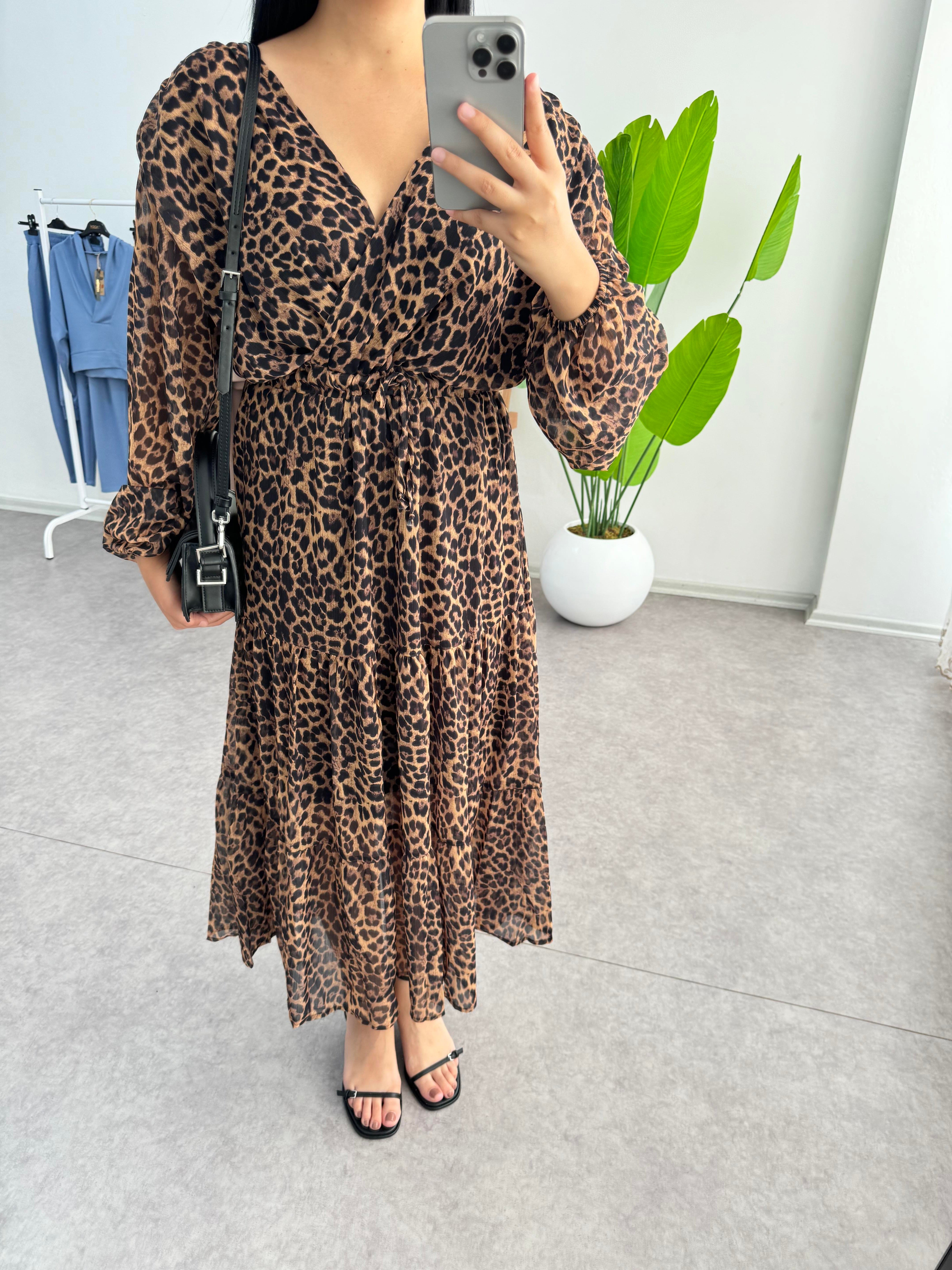 Leopar Premium Şifon Elbise 