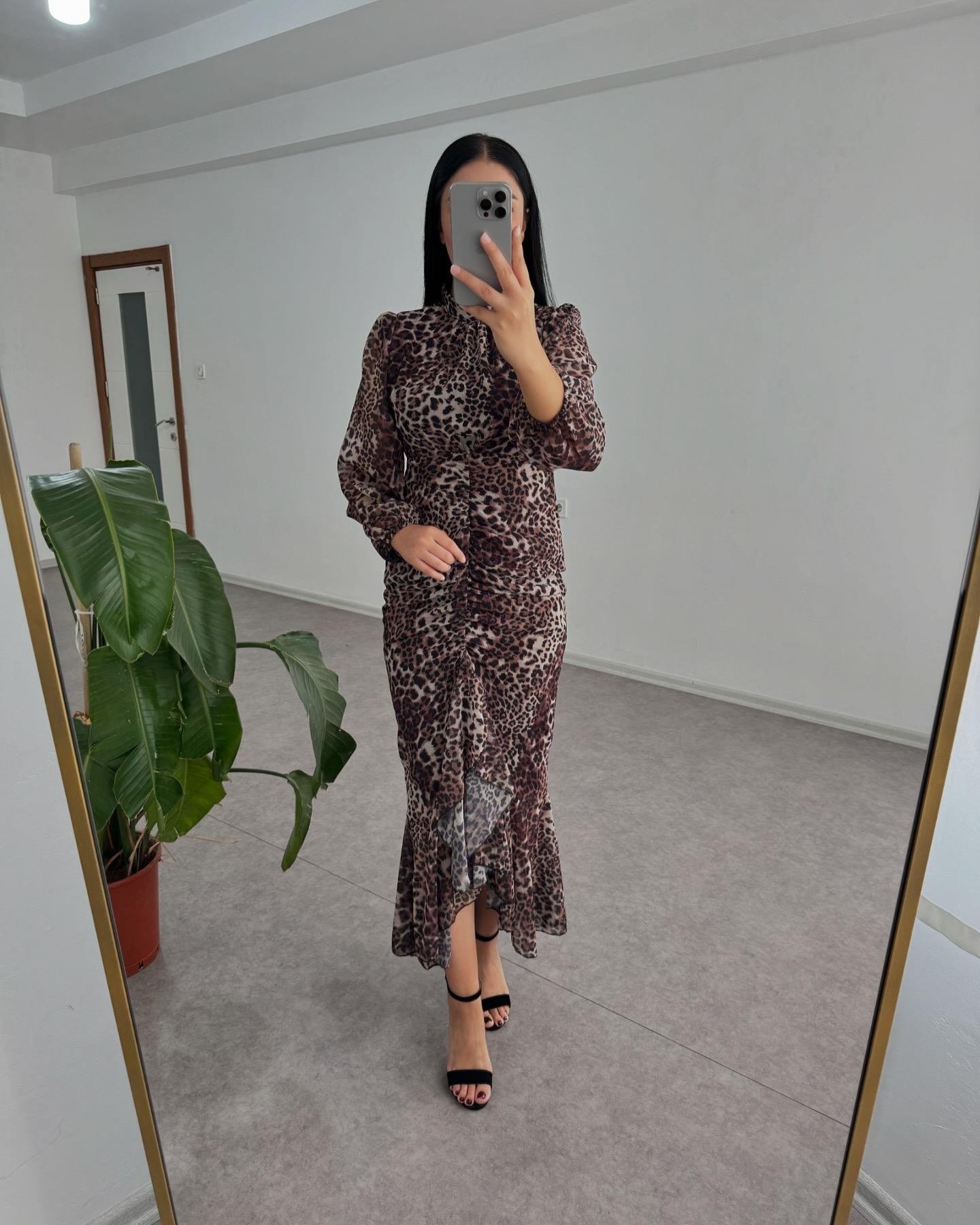 Leopar Şifon Balık Elbise