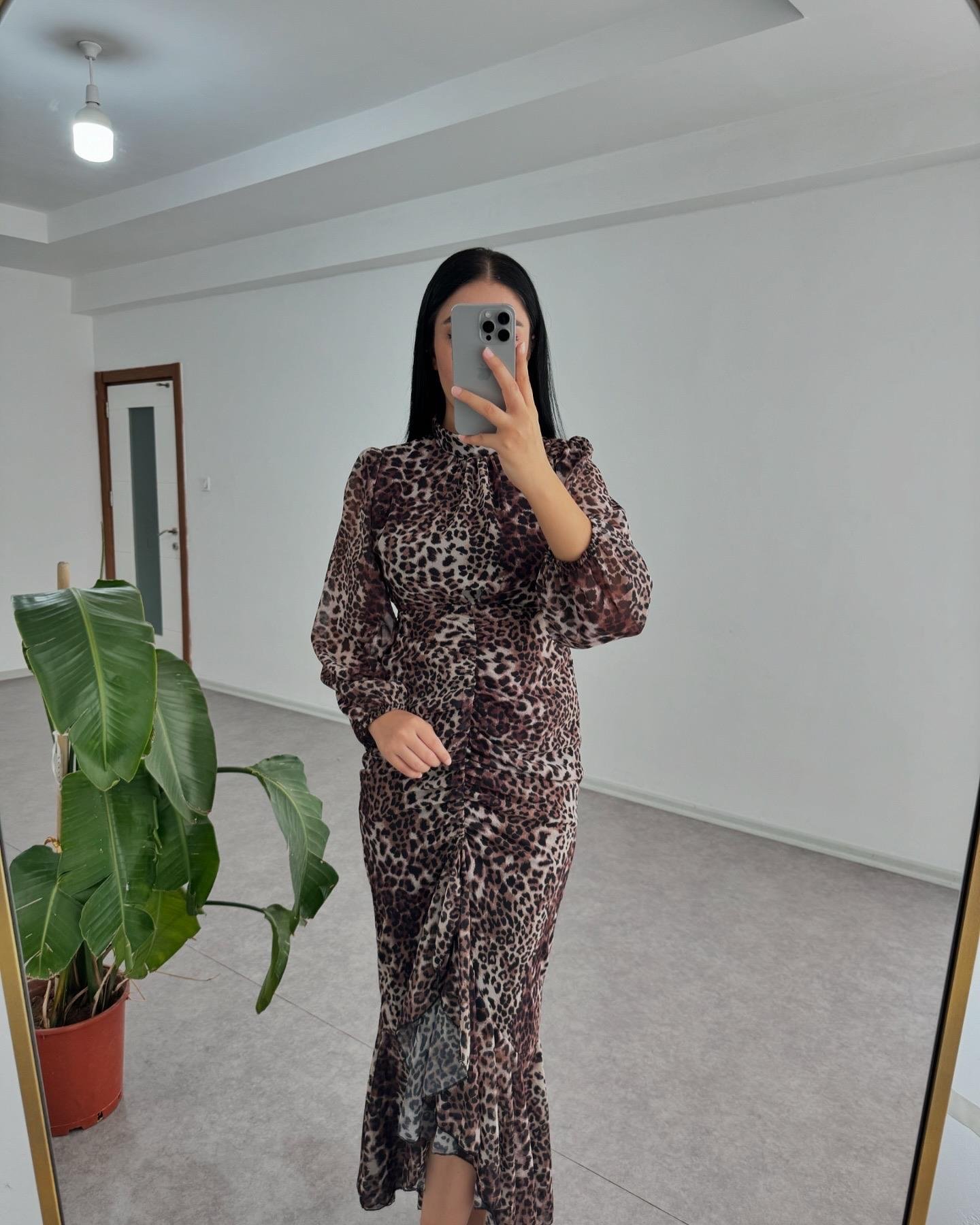 Leopar Şifon Balık Elbise