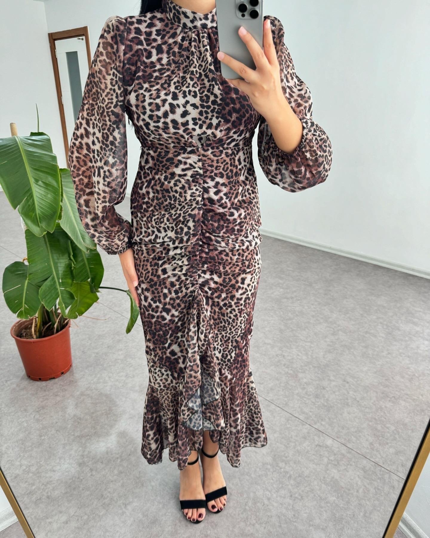 Leopar Şifon Balık Elbise