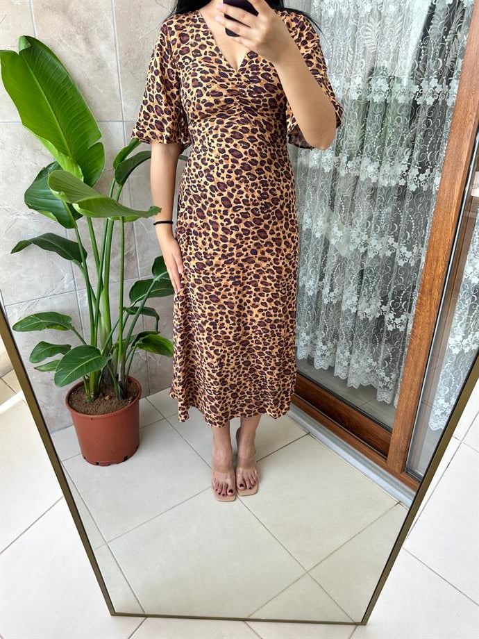 Leopar volanlı viskon elbise 