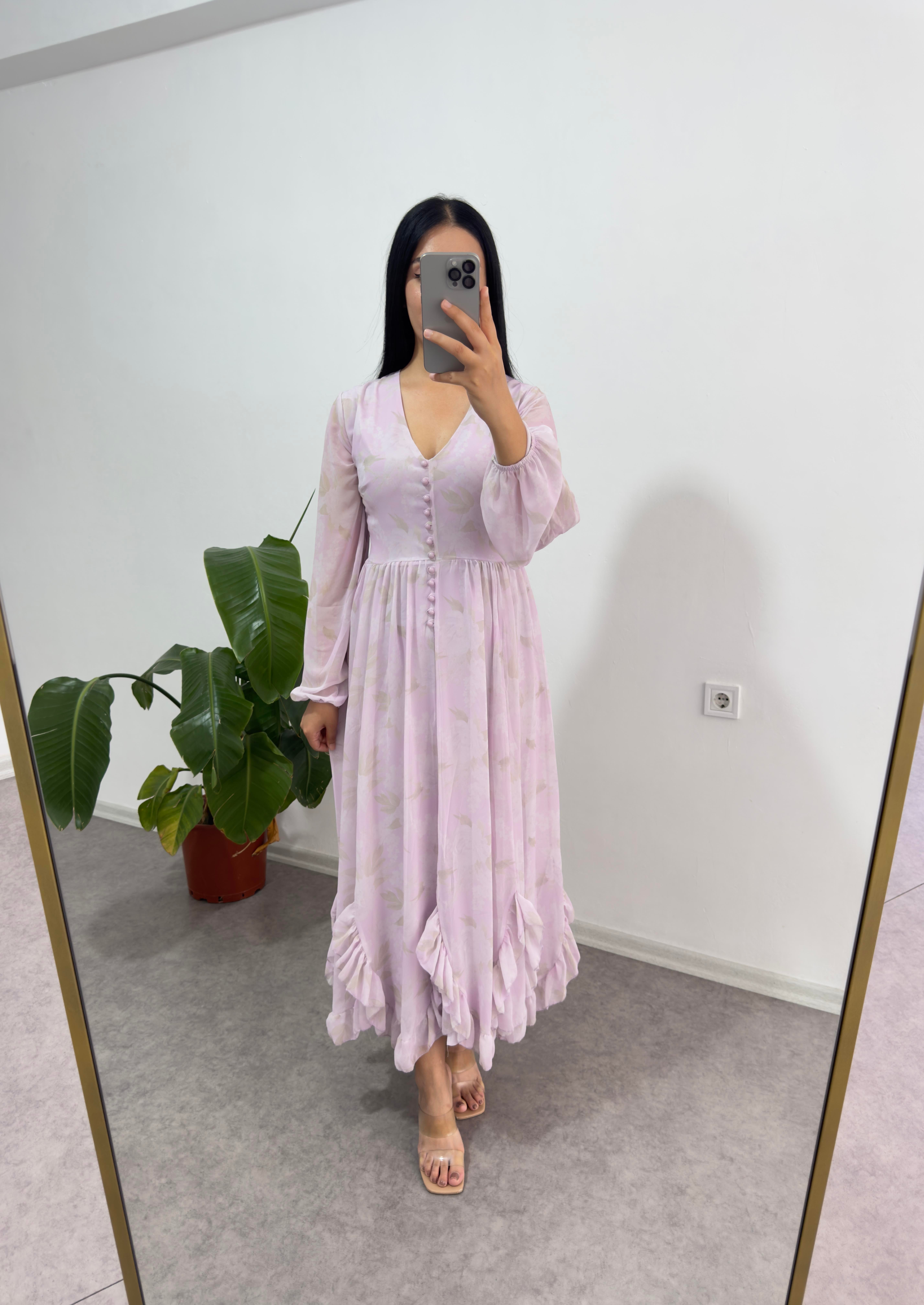 Lila Düğmeli Şifon Elbise