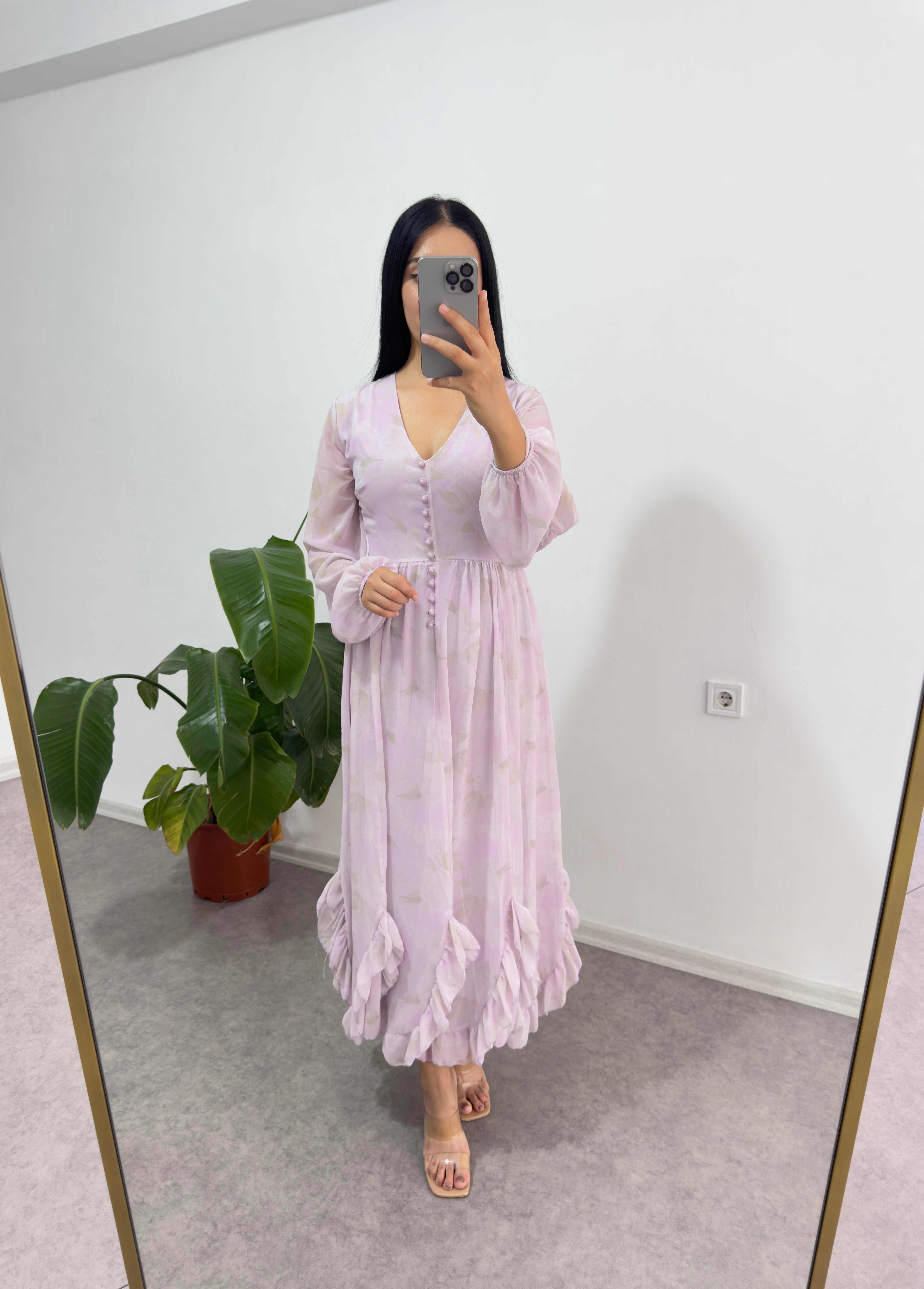 Lila Düğmeli Şifon Elbise