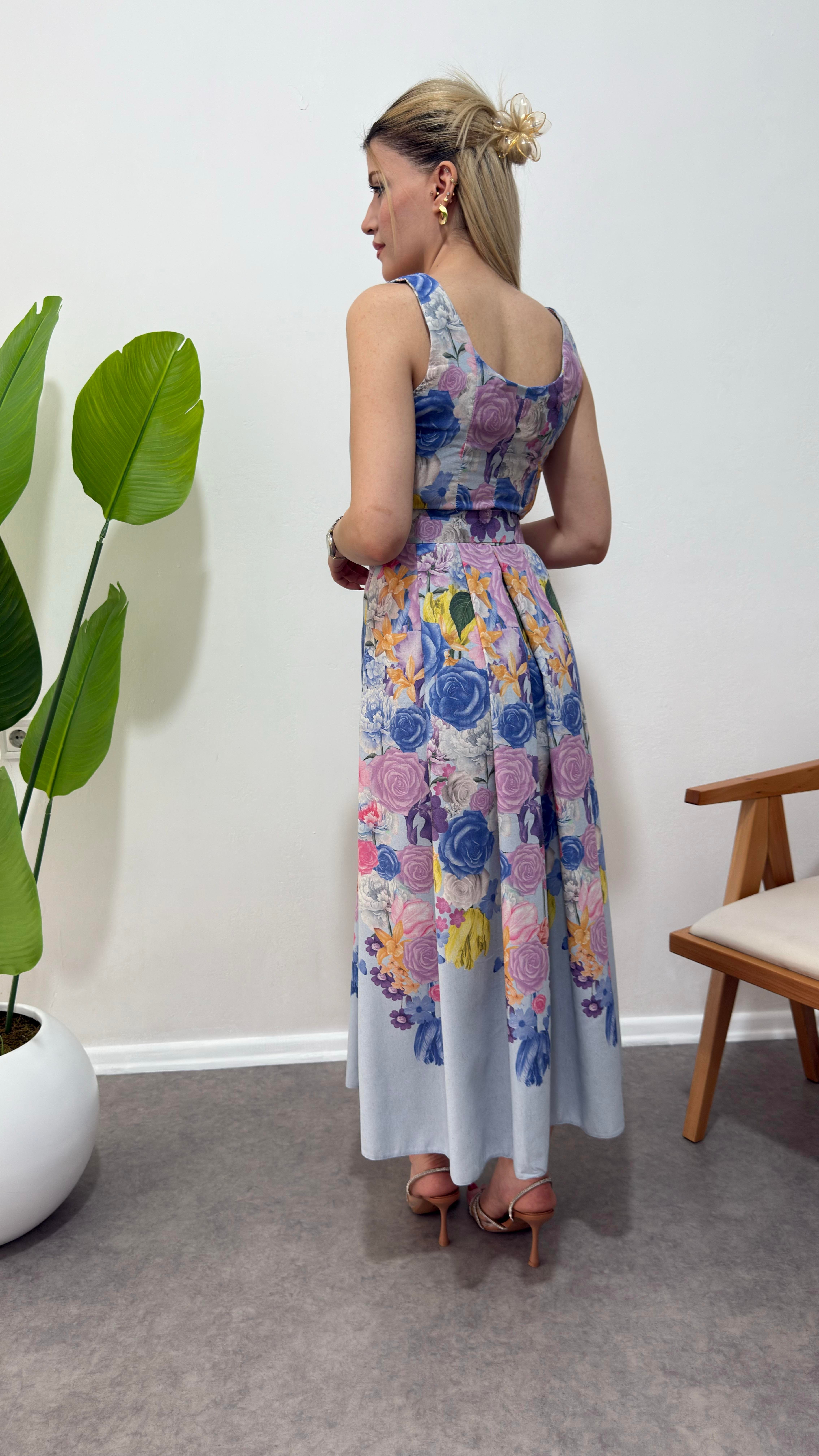 Mavi Çiçekli Lory Elbise 