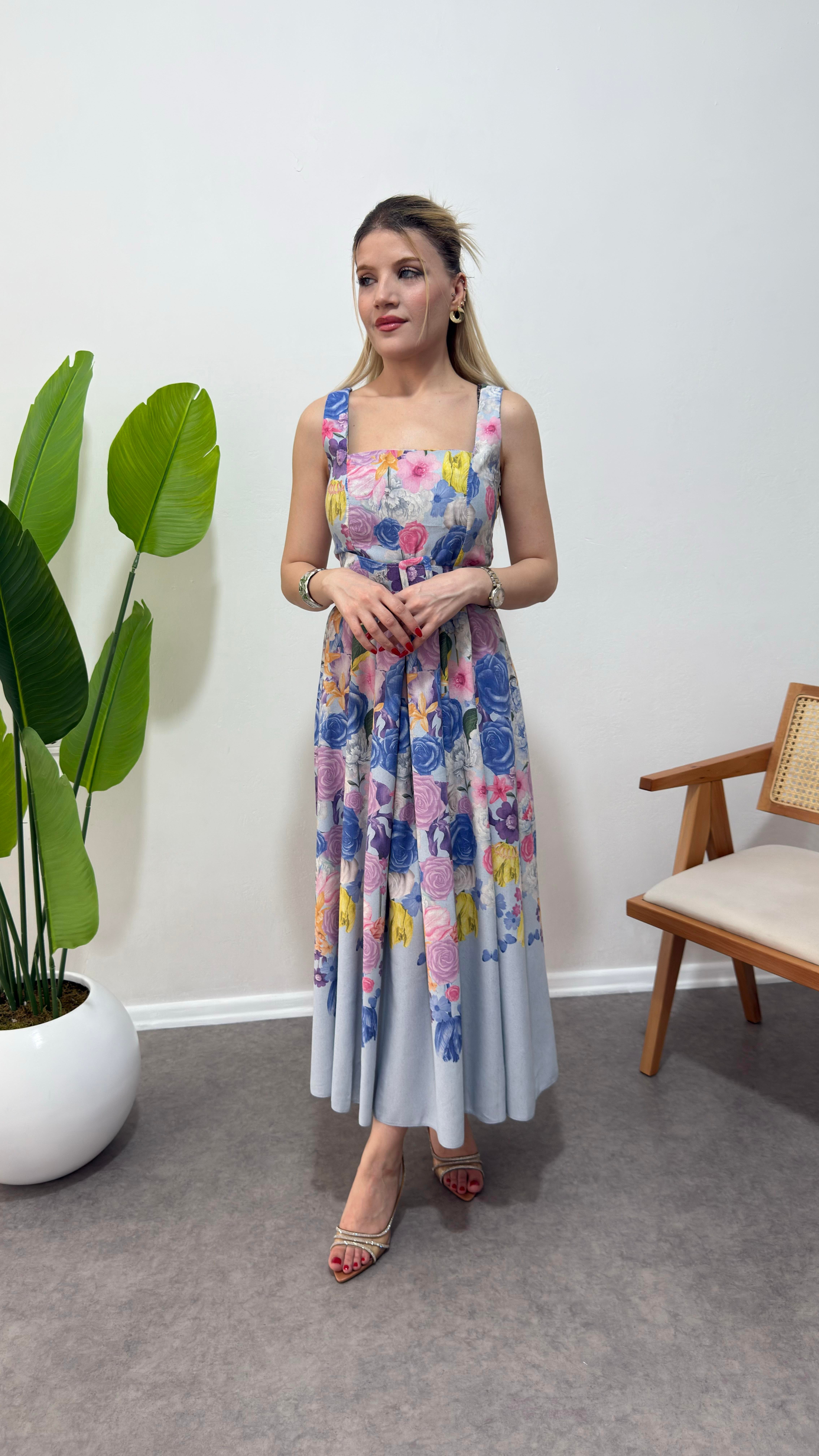 Mavi Çiçekli Lory Elbise 