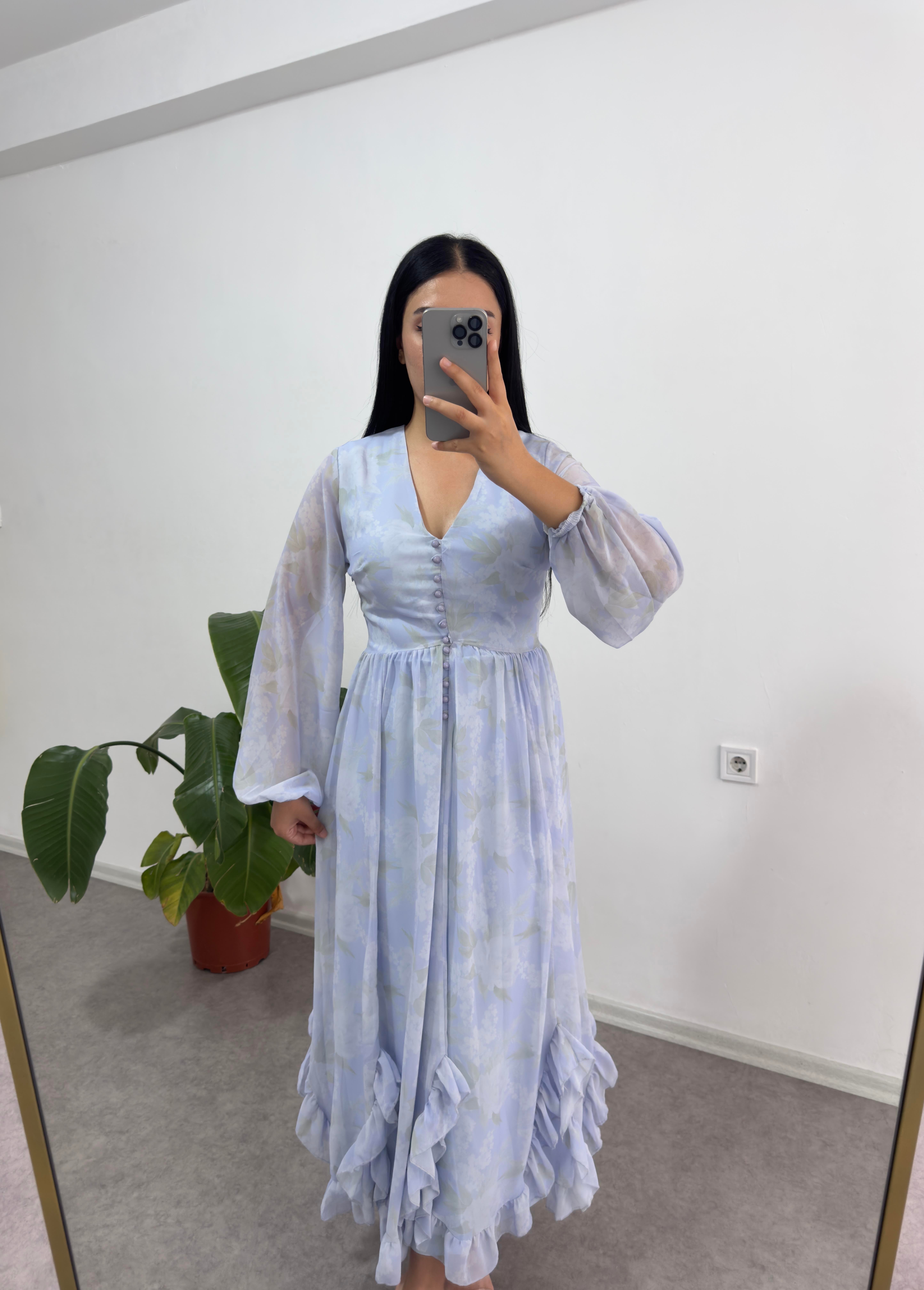 Mavi Düğmeli Şifon Elbise