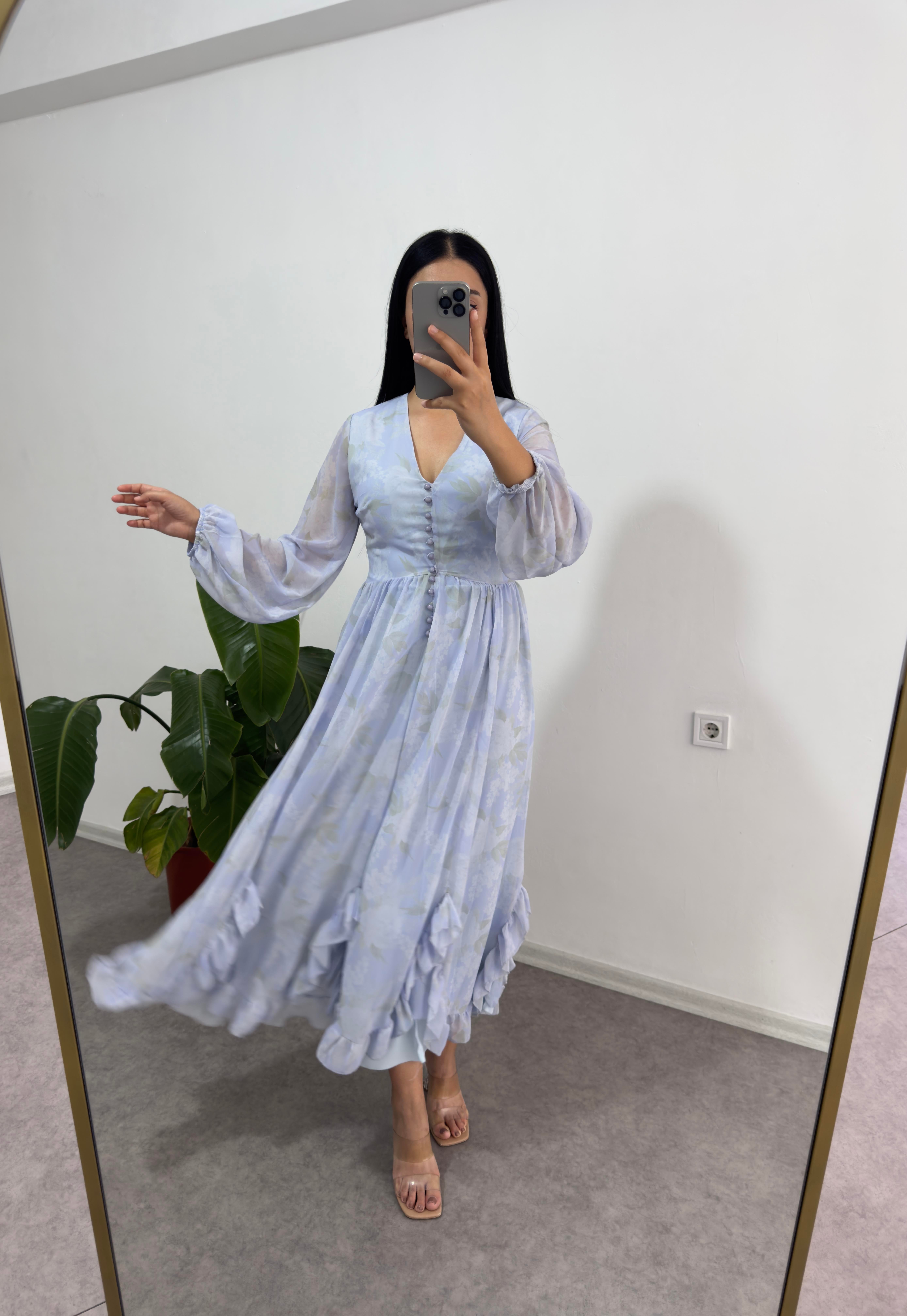 Mavi Düğmeli Şifon Elbise