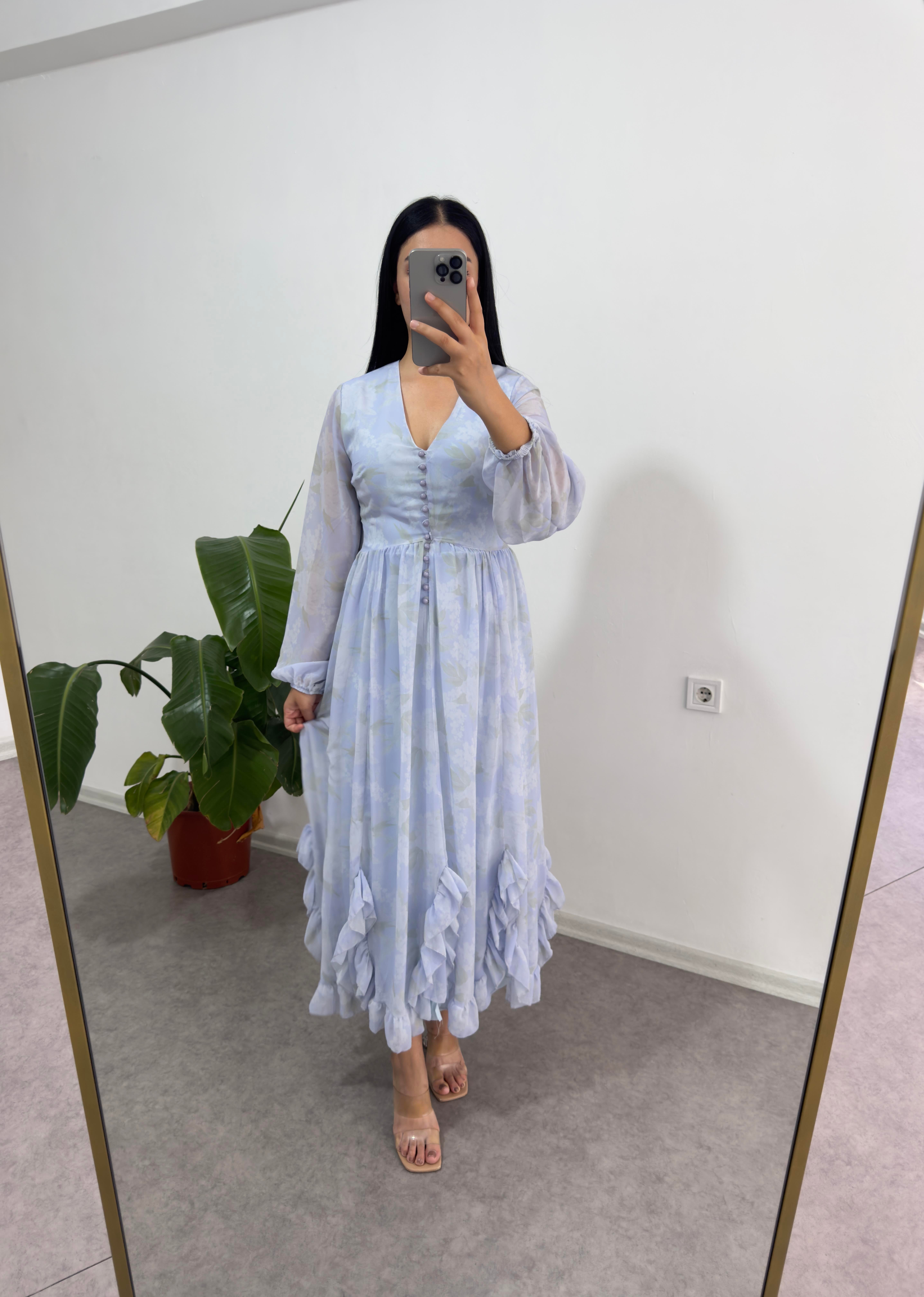 Mavi Düğmeli Şifon Elbise