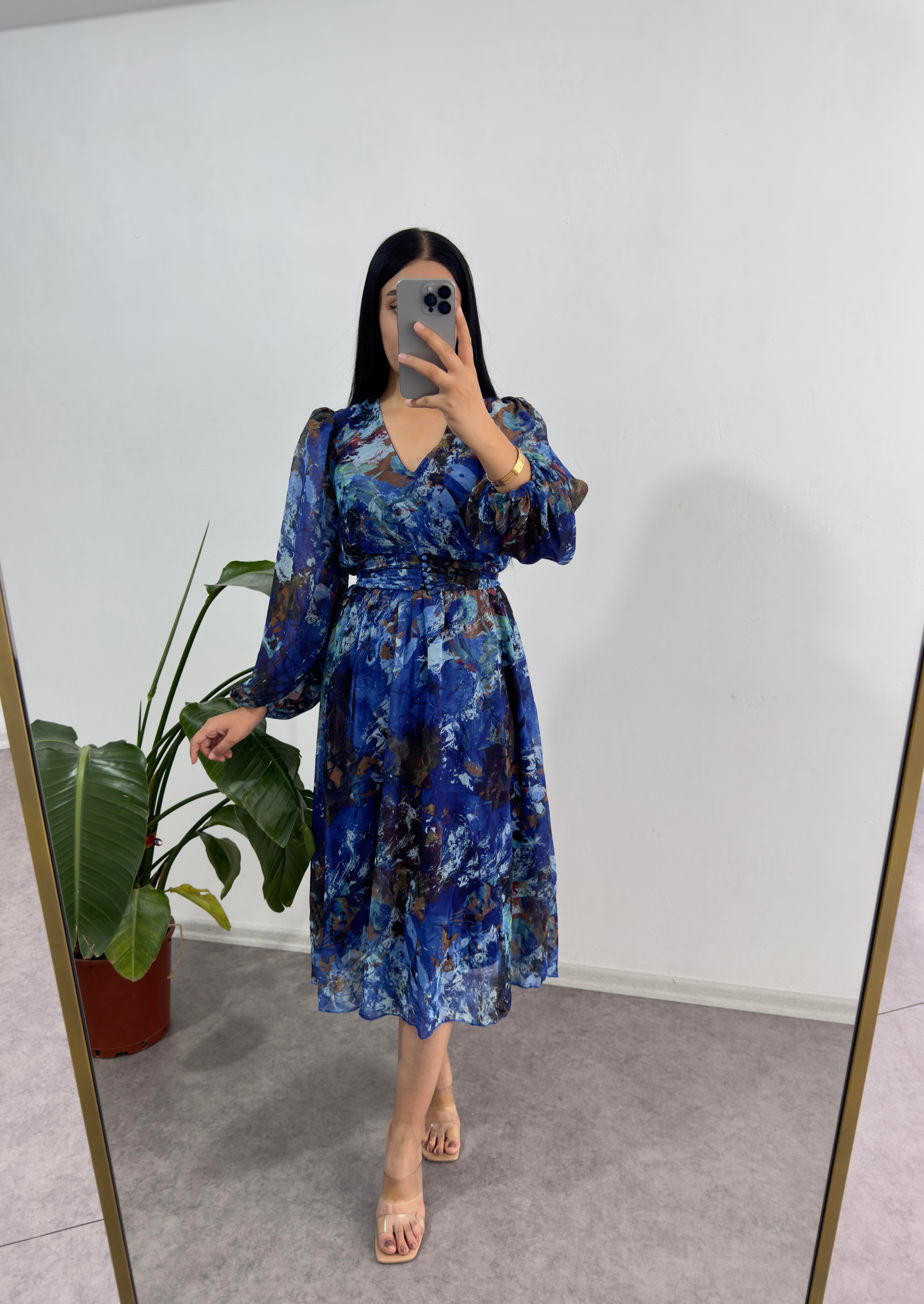 Mavi Şifon Astarlı Elbise 