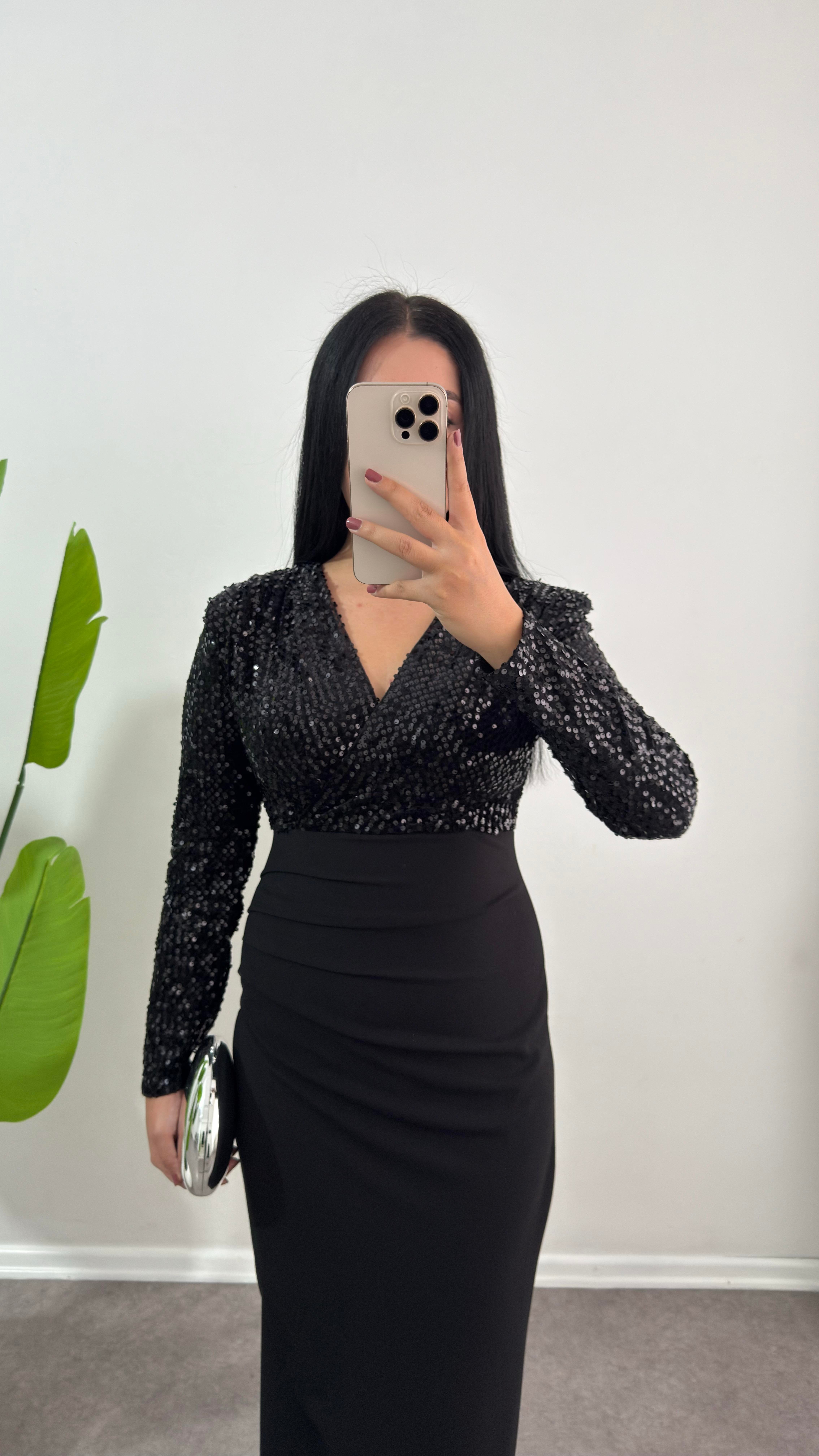 Payetli Merly Siyah Elbise