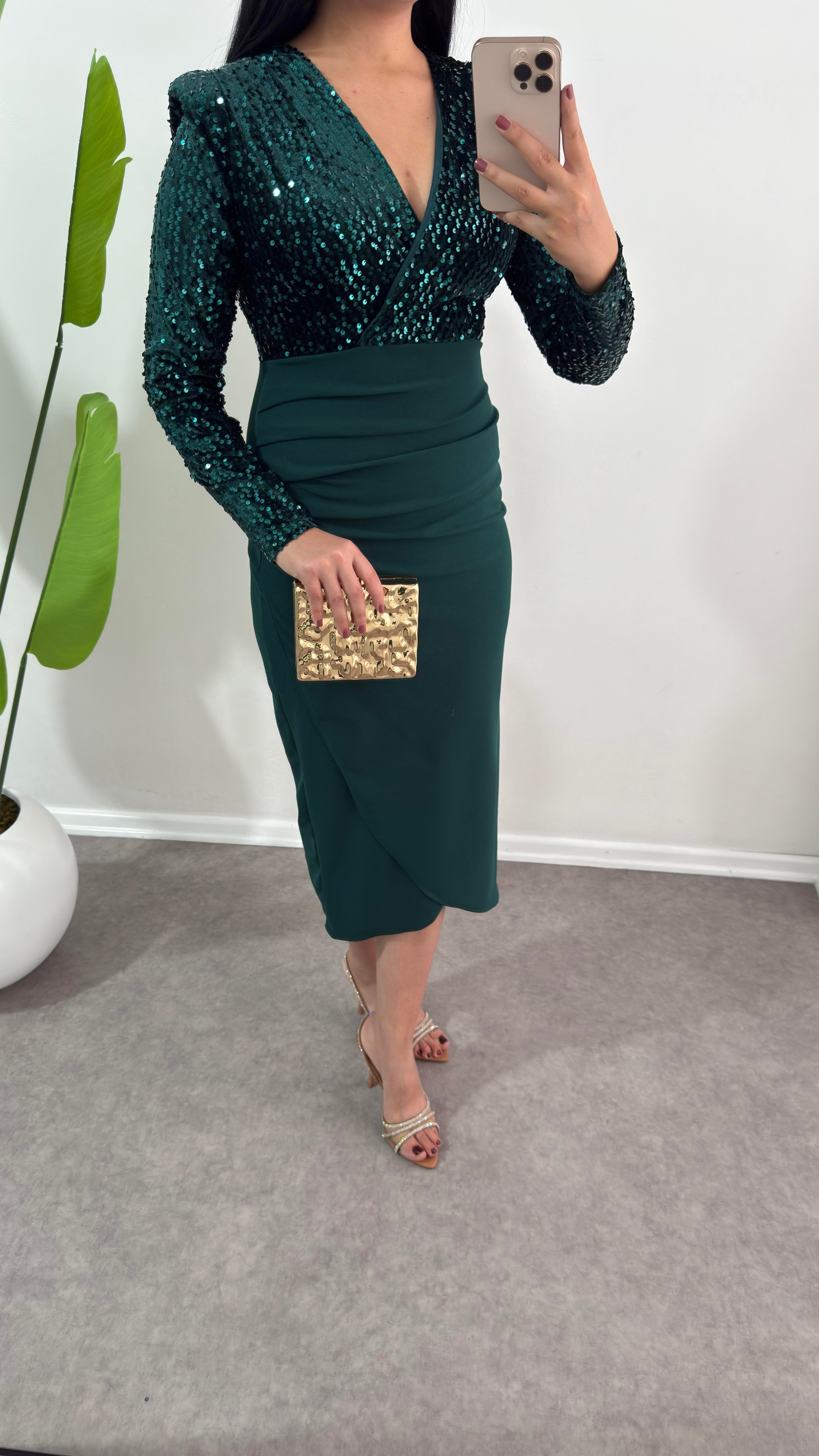 Payetli Merly Yeşil Elbise