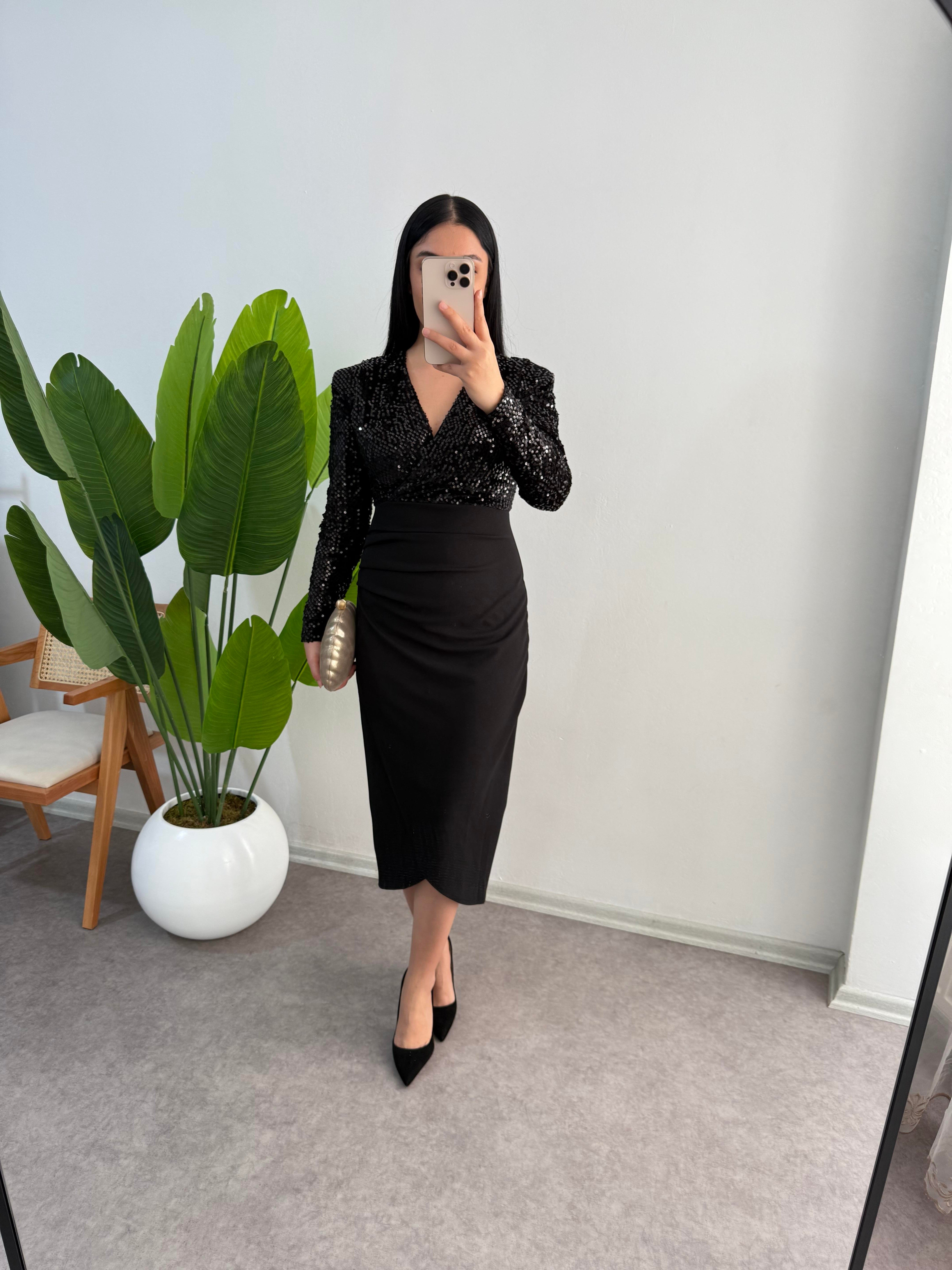 Payetli Siyah Midi Boy Elbise