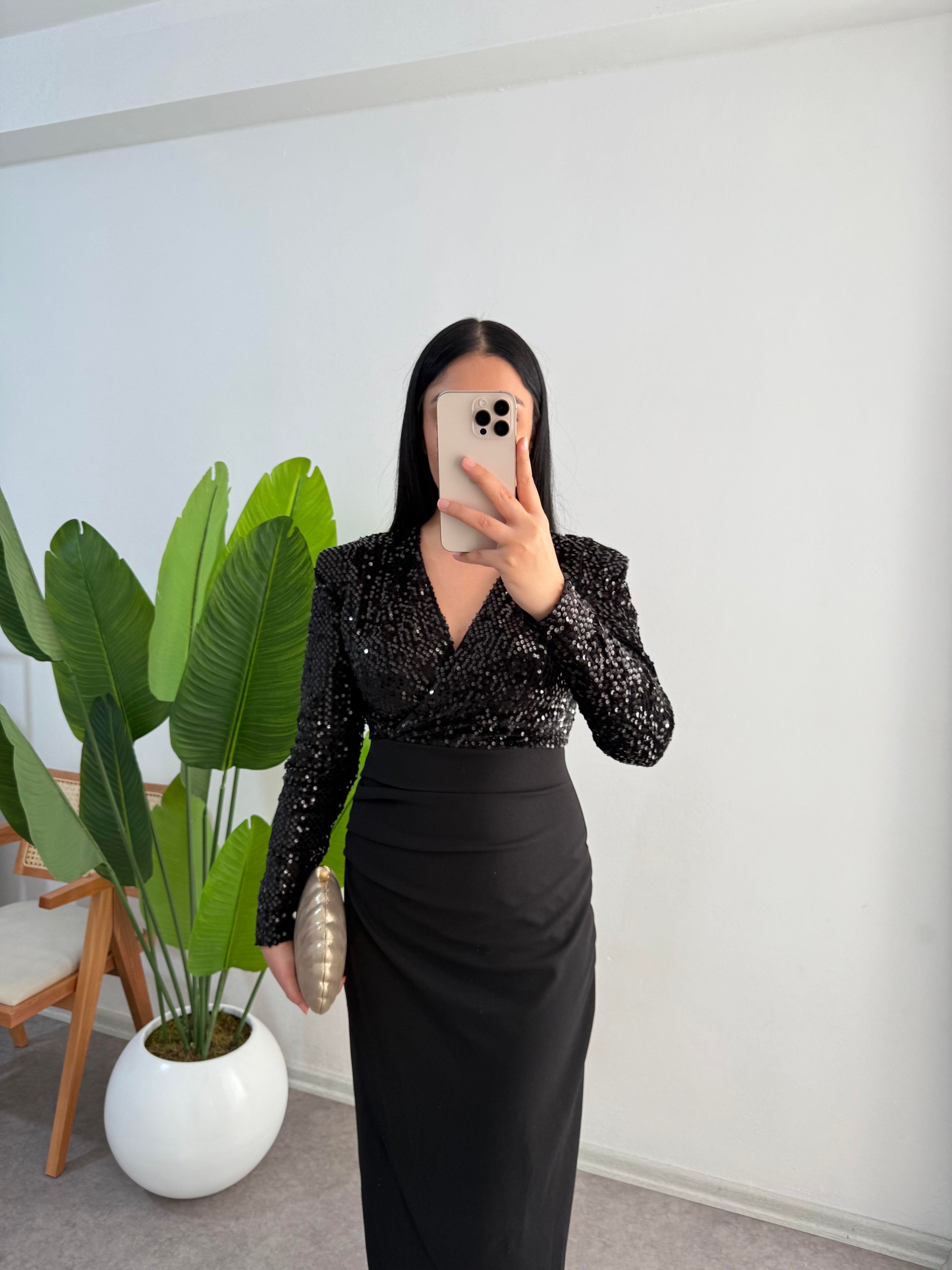 Payetli Siyah Midi Boy Elbise