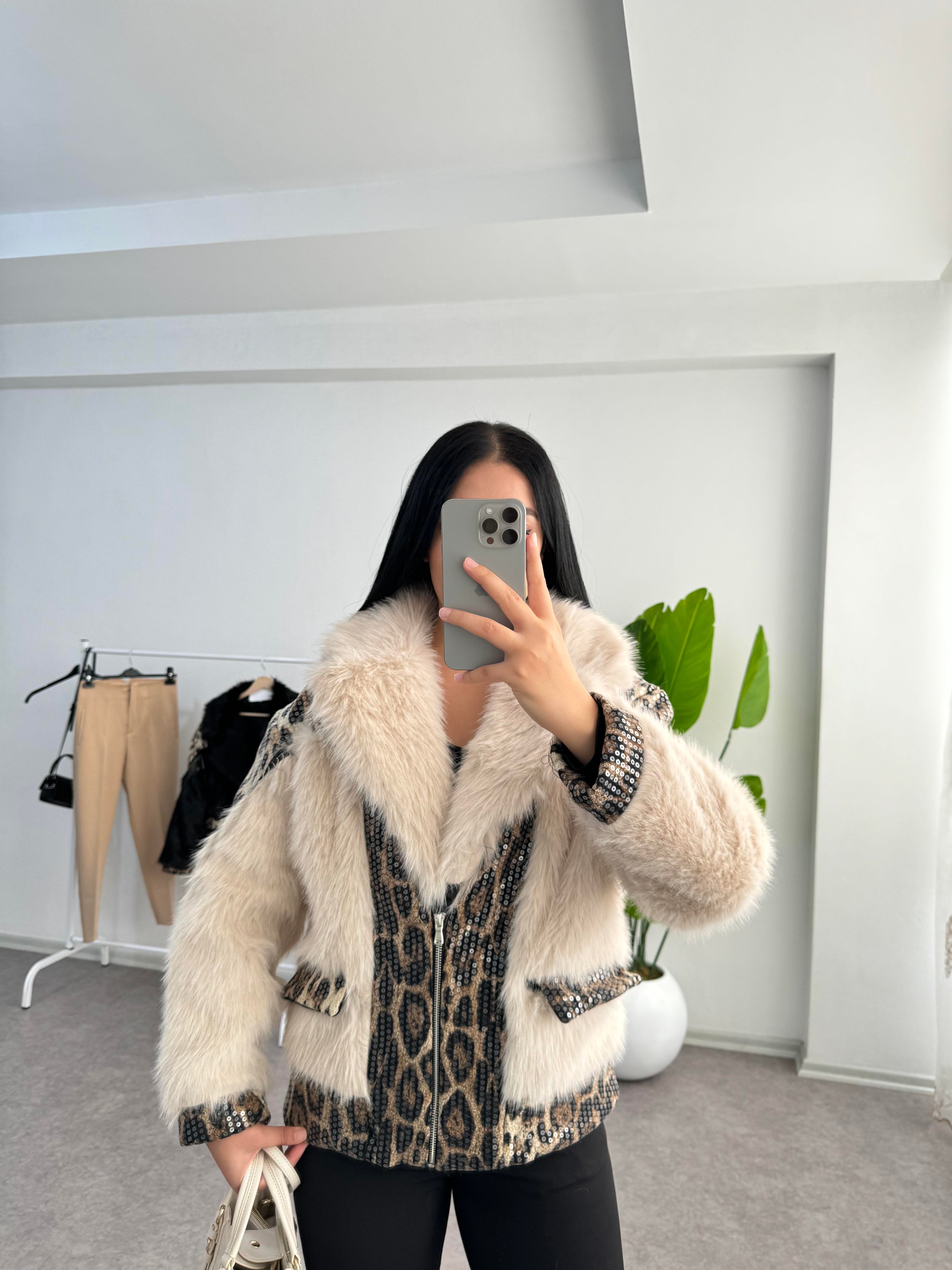 Peluş Krem Leoparlı Ceket