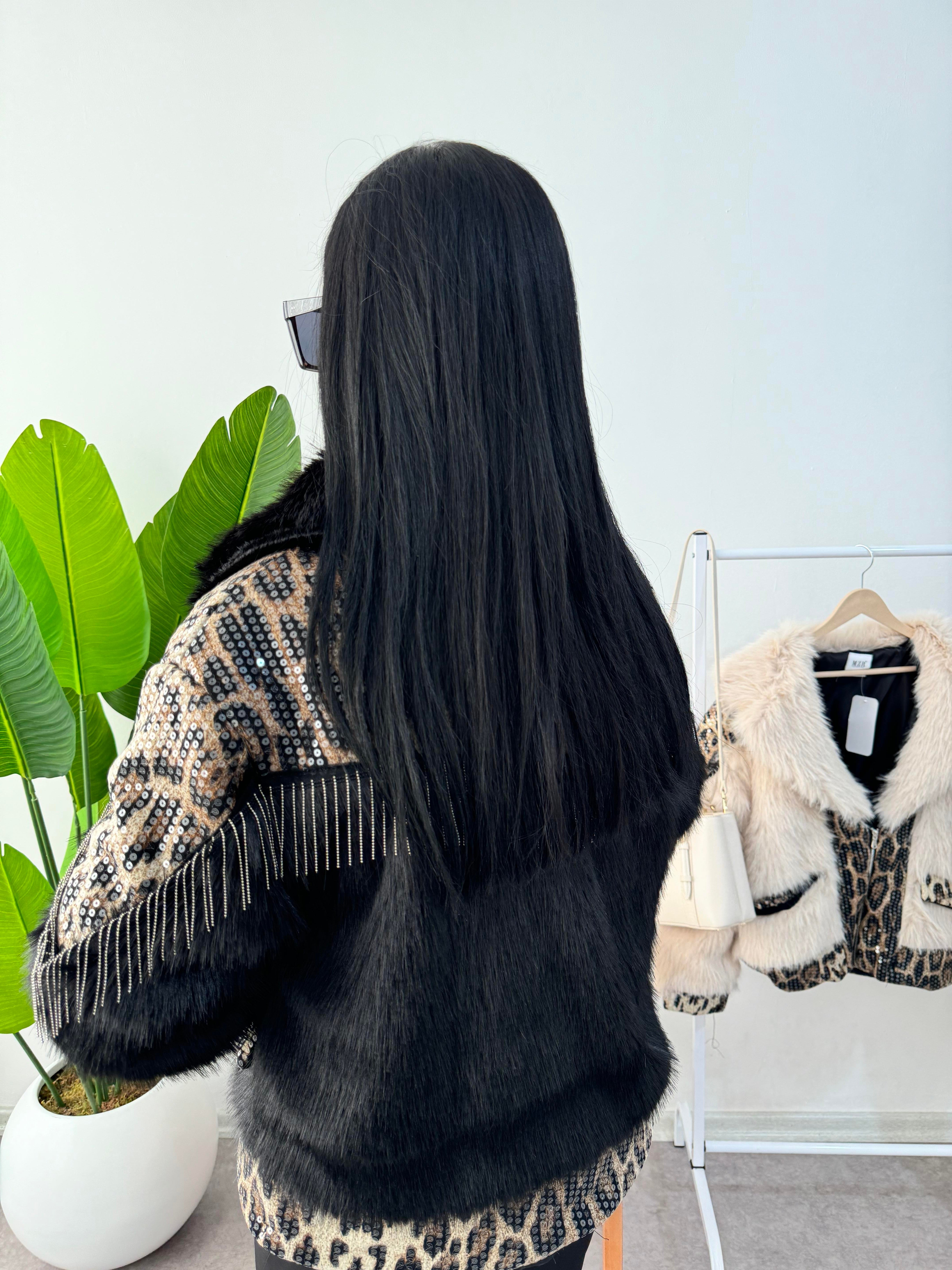 Peluş Leoparlı Siyah Ceket