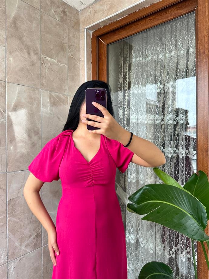 Pembe balon kol elbise