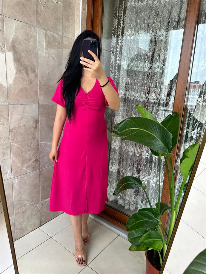 Pembe balon kol elbise